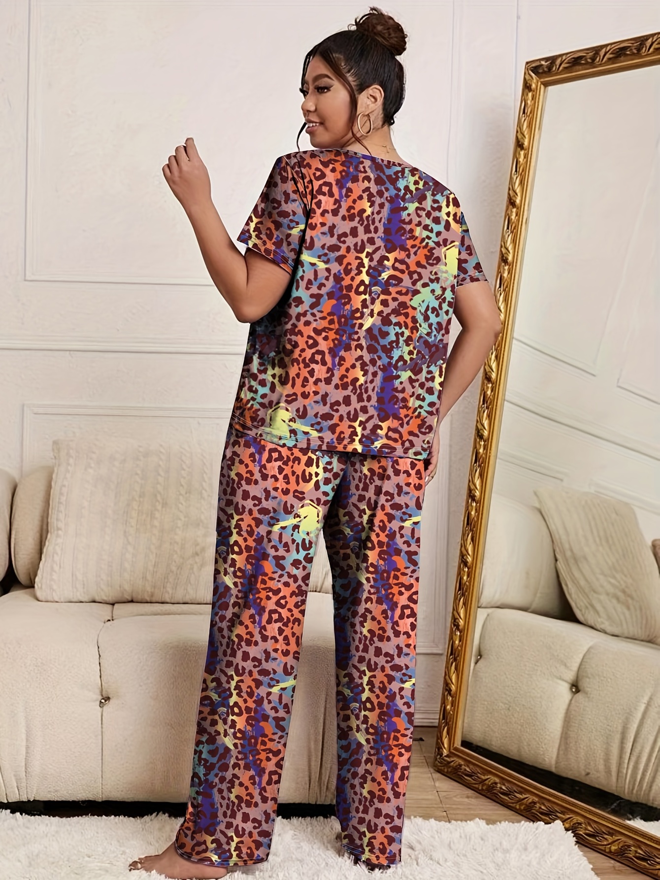 Plus Size Casual Pajama Set, Women's Plus Ombre Leopard Print Short Sleeve  Top & Pants Pajama Two Piece Set - Temu Bahrain