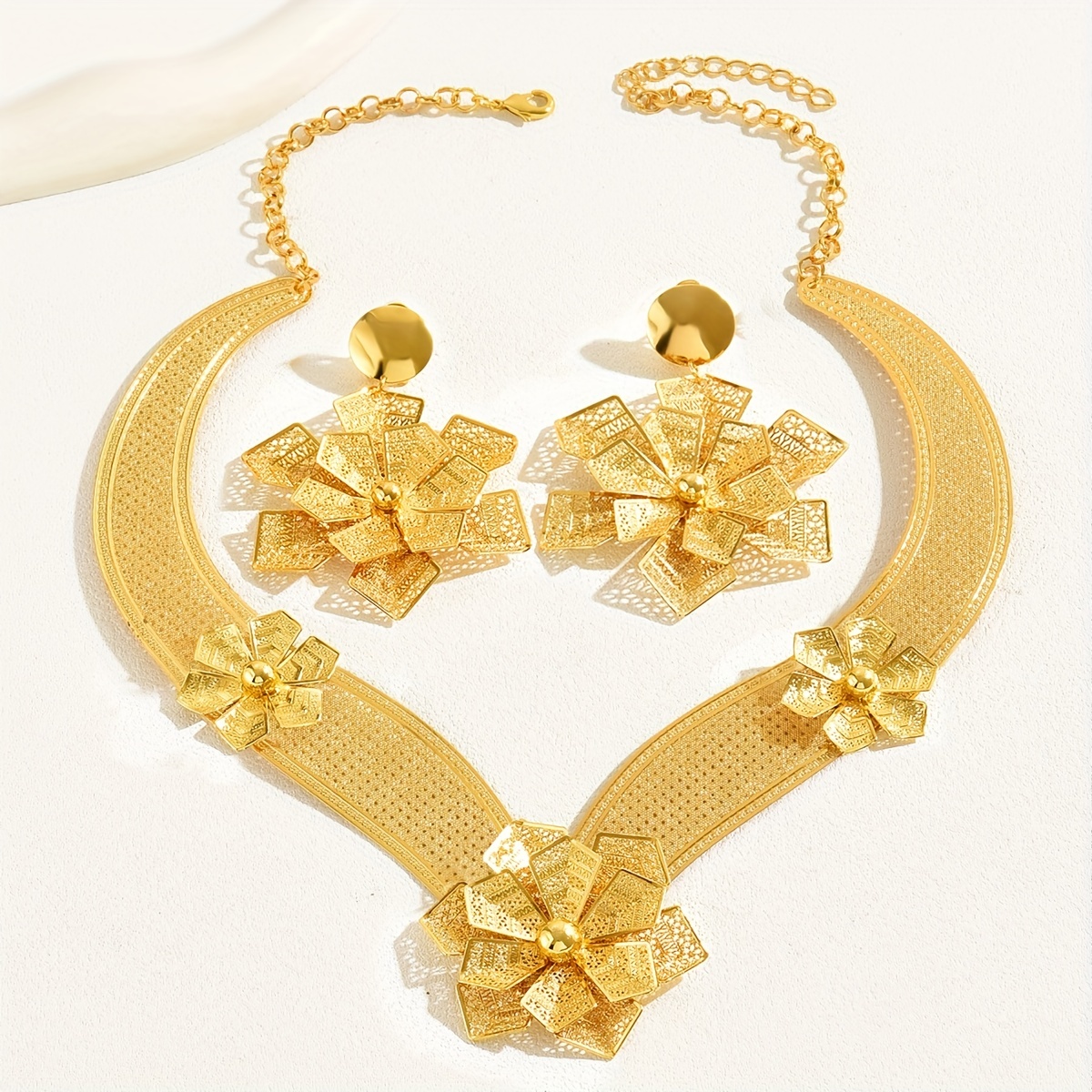 3pcs earrings plus necklace exaggerated jewelry set flower design african brides wedding jewelry gift for her details 2