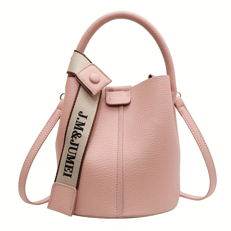

Snap Button Bucket Bag, Small Pu Leather Crossbody Bag, Women's Solid Color Handbag With Inner Pouch
