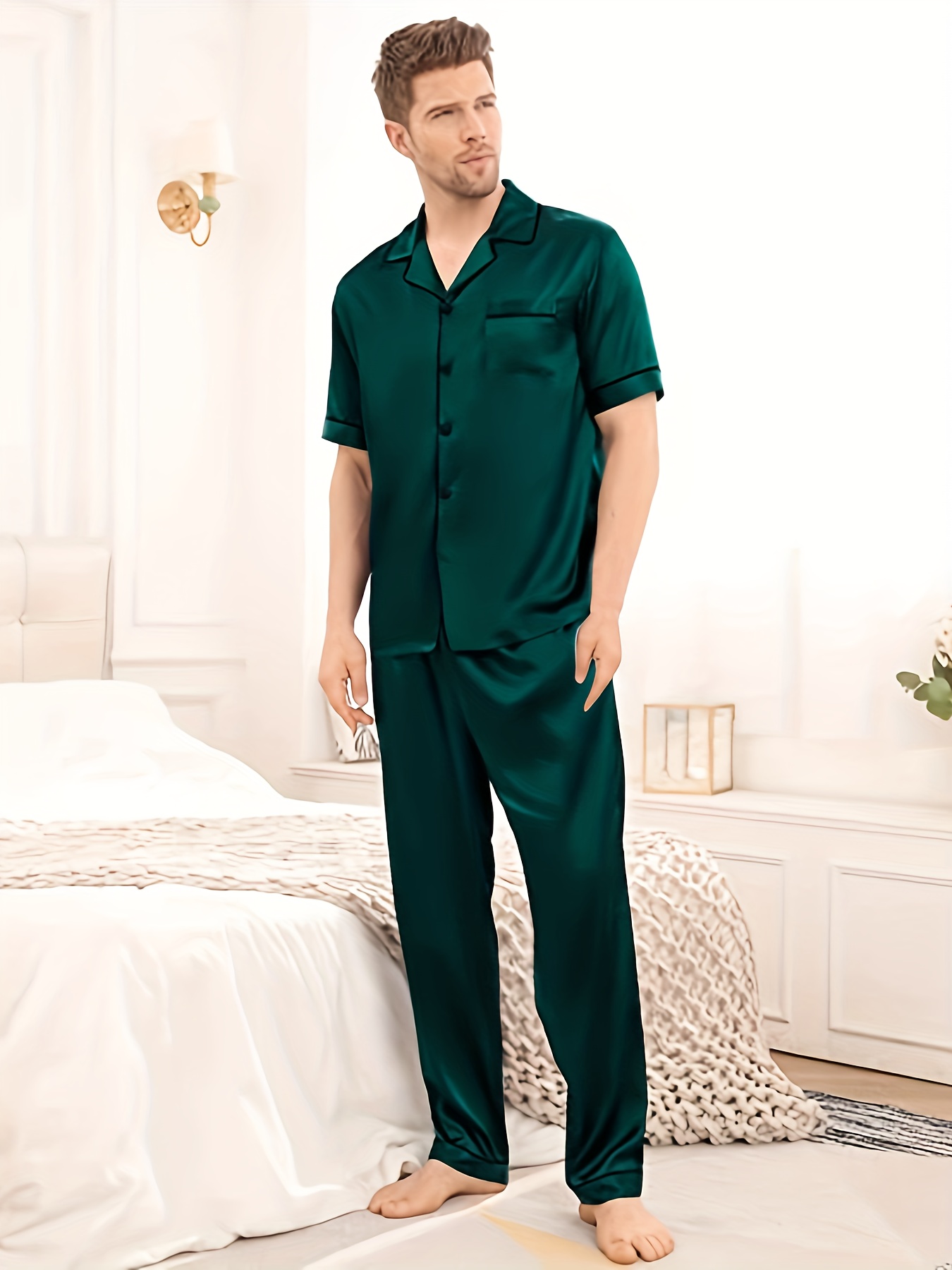 Men's Green Pajamas Set Summer Ice Silk Short Sleeve Button - Temu