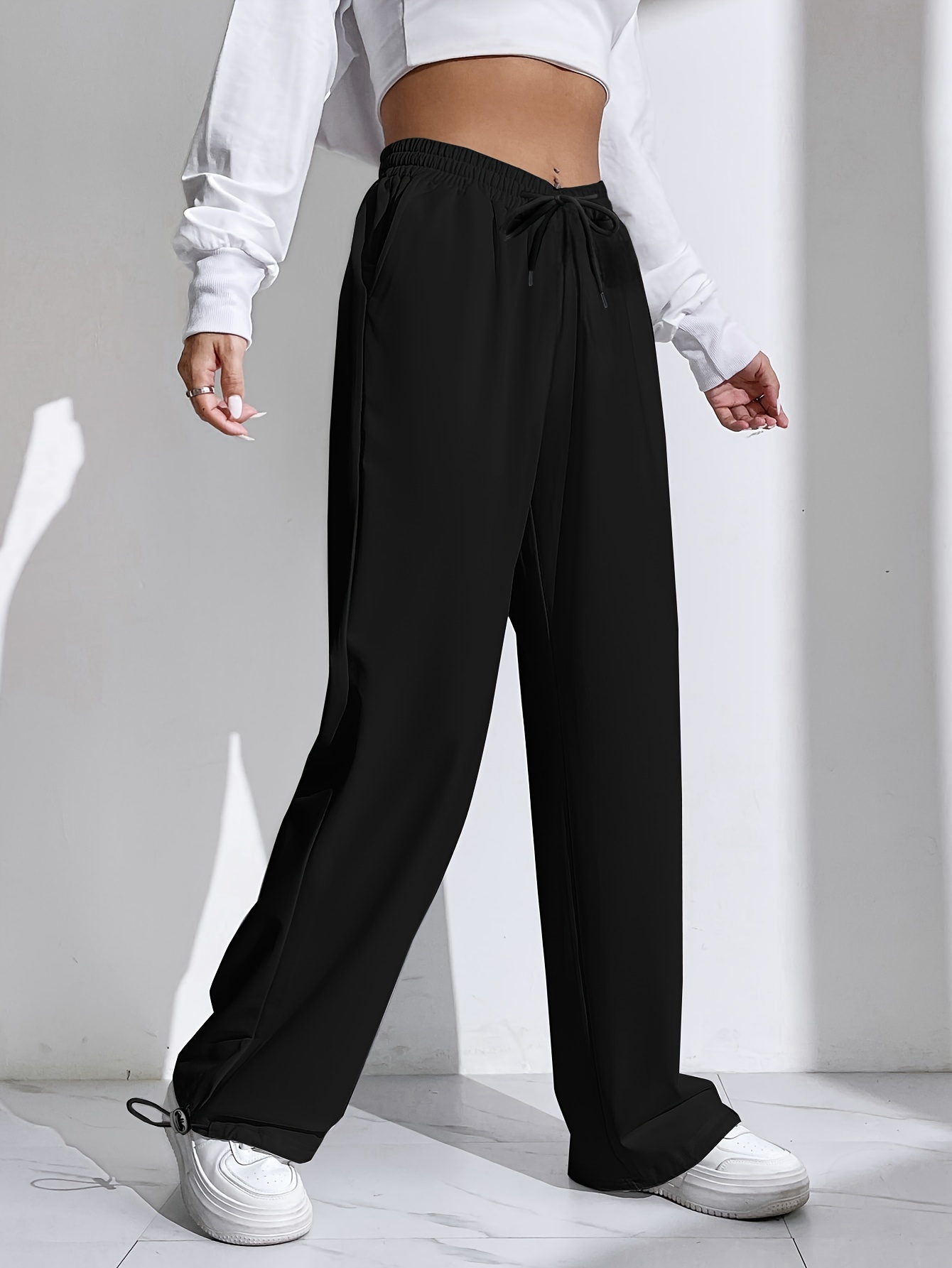 Solid Loose Straight Leg Pants Casual Crisscross Drawstring - Temu