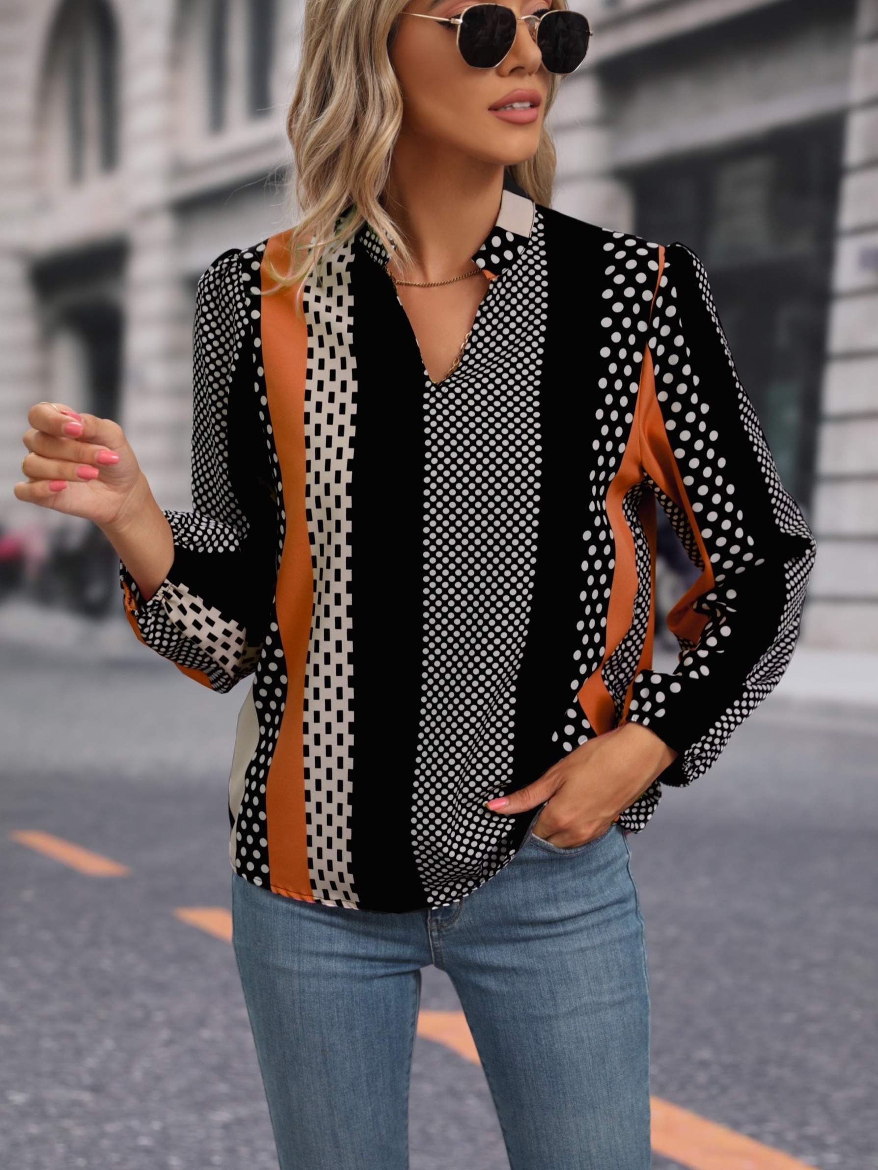 ORANGE AND BLACK POLKA DOT BLOUSE