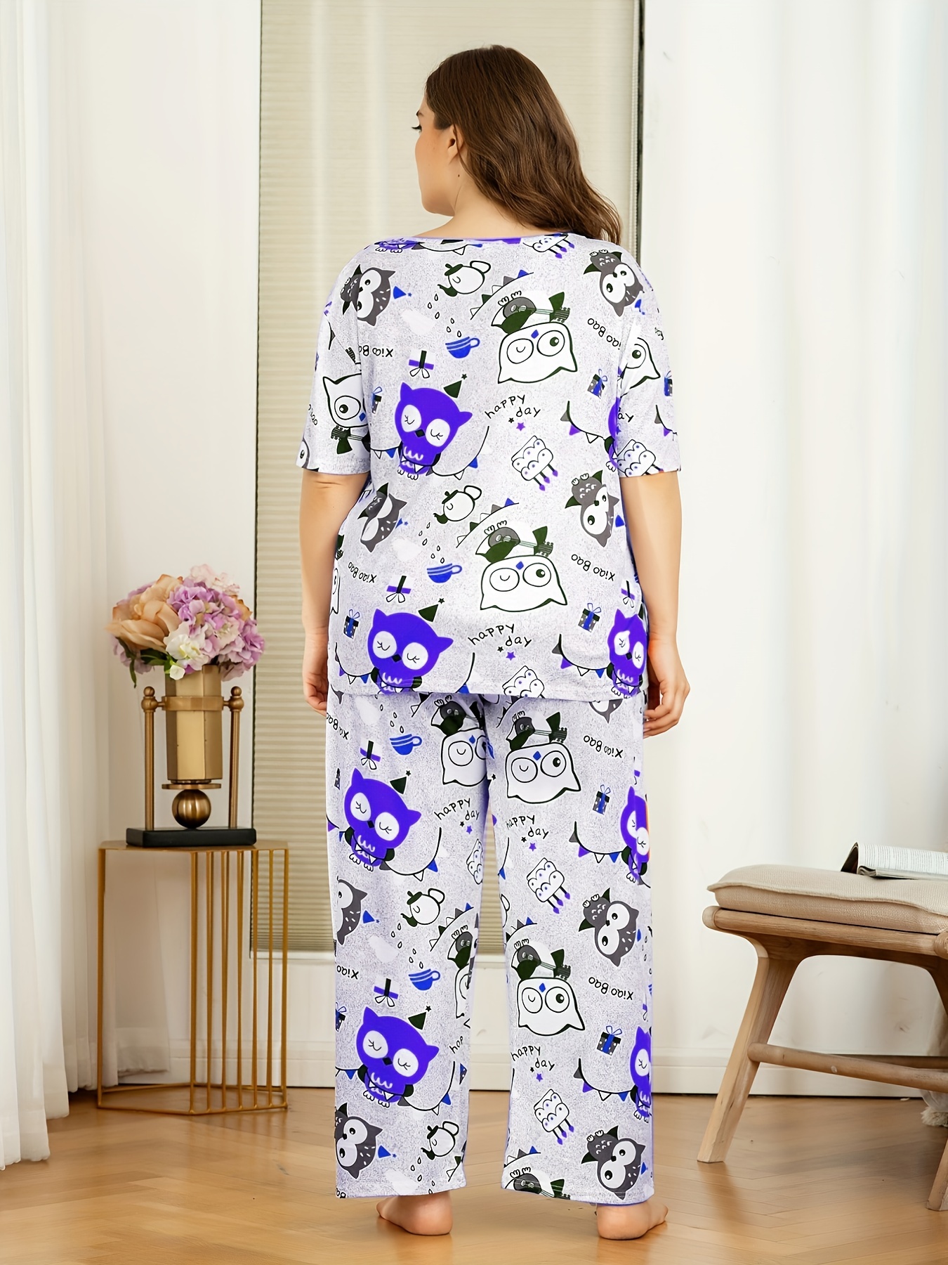 Plus Size Casual Pajama Set Women's Plus Owl Cakes Print - Temu Canada