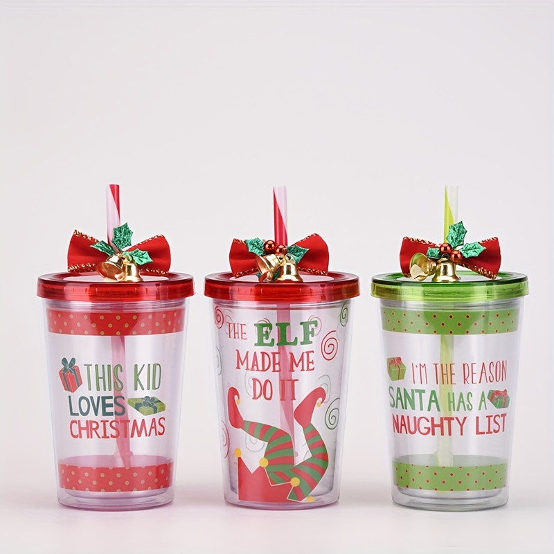 1pc Christmas-themed Double-layer Plastic Drinking Cup With Straw