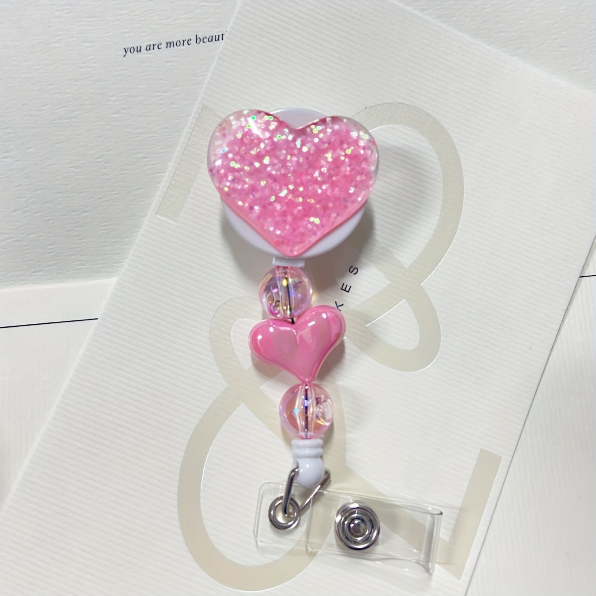 1-1/4 Heart Shapped Pink Plastic Badge Reel w/Clear Vinyl Starp & Metal  Swivel Spring Clip