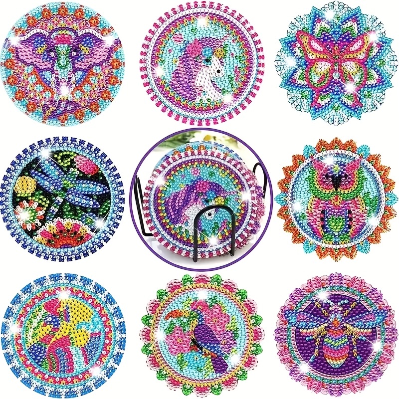 8pcs Diamond Painting Coaster, DIY Diamond Art Coaster Set For Adults,  Diamond Painting Cup Holder With Stand For Beginners Kids Art Craft Supplies