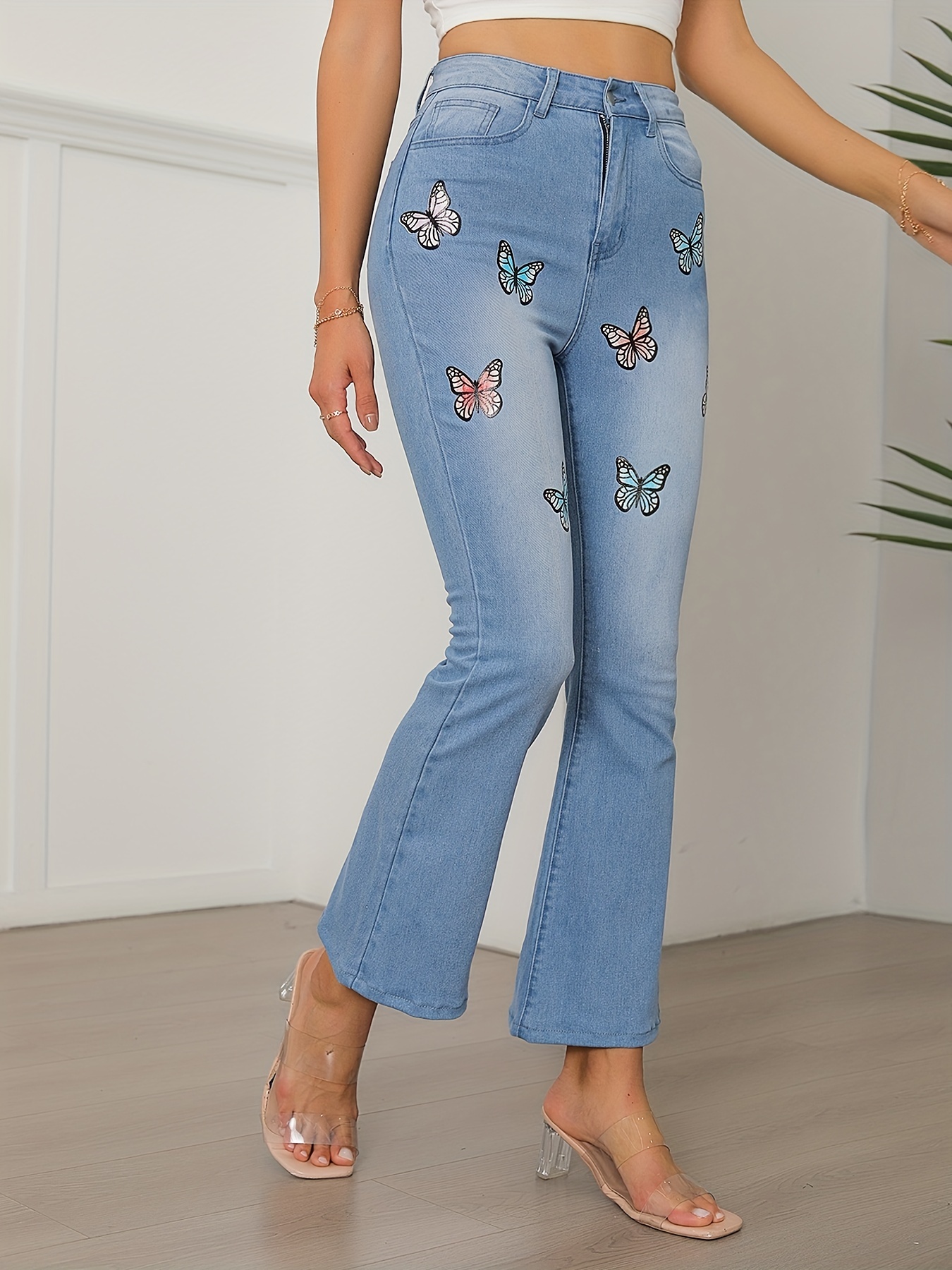 Womens Flare Jeans High Waist Wide Leg Bell Bottom Jeans Butterfly  Embroidered Stretchy Bootcut Denim Pants at  Women's Jeans store