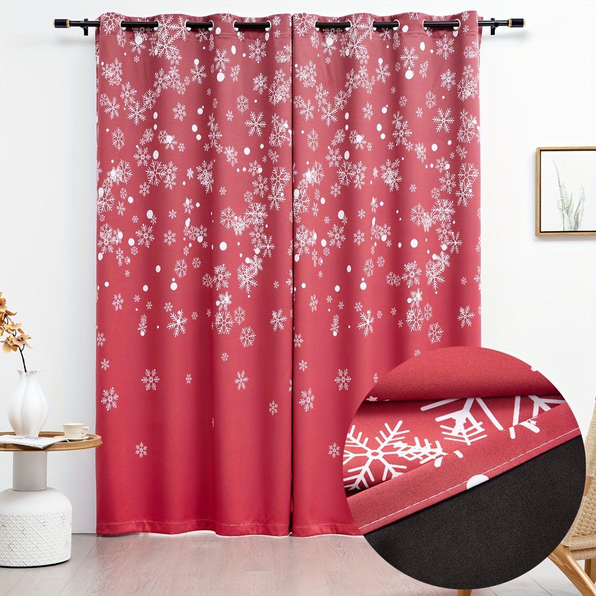 Snowflake Blackout Curtain Romantic No Hook Needed Red Green - Temu