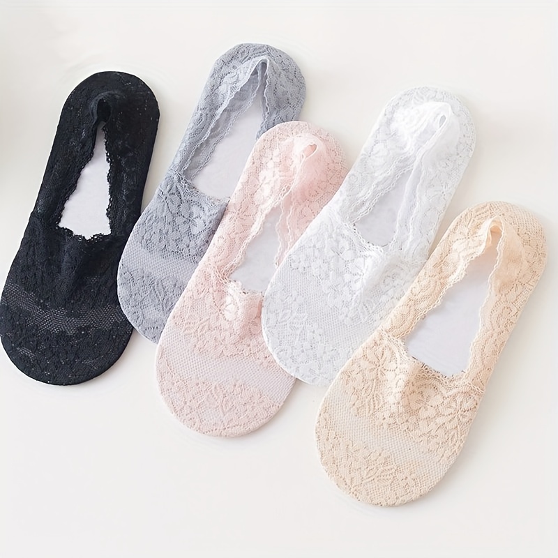 

5 Pairs Floral Lace Hollow Out Socks, Breathable Anti-slip Low Cut Seamless Invisible Socks, Women's Stockings & Hosiery
