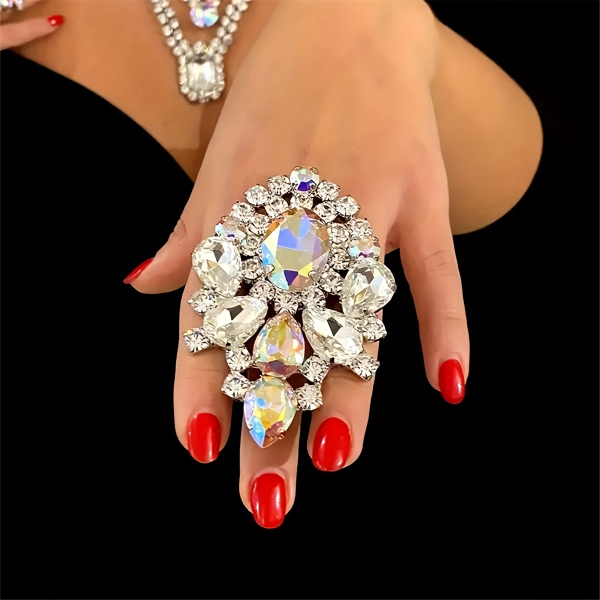 

Exaggerated Ring Sparkling Flower Design Paved Shining Rhinestone Silvery Or Golden Make Your Call Stunning Party Accessory Adjustable Jewelry