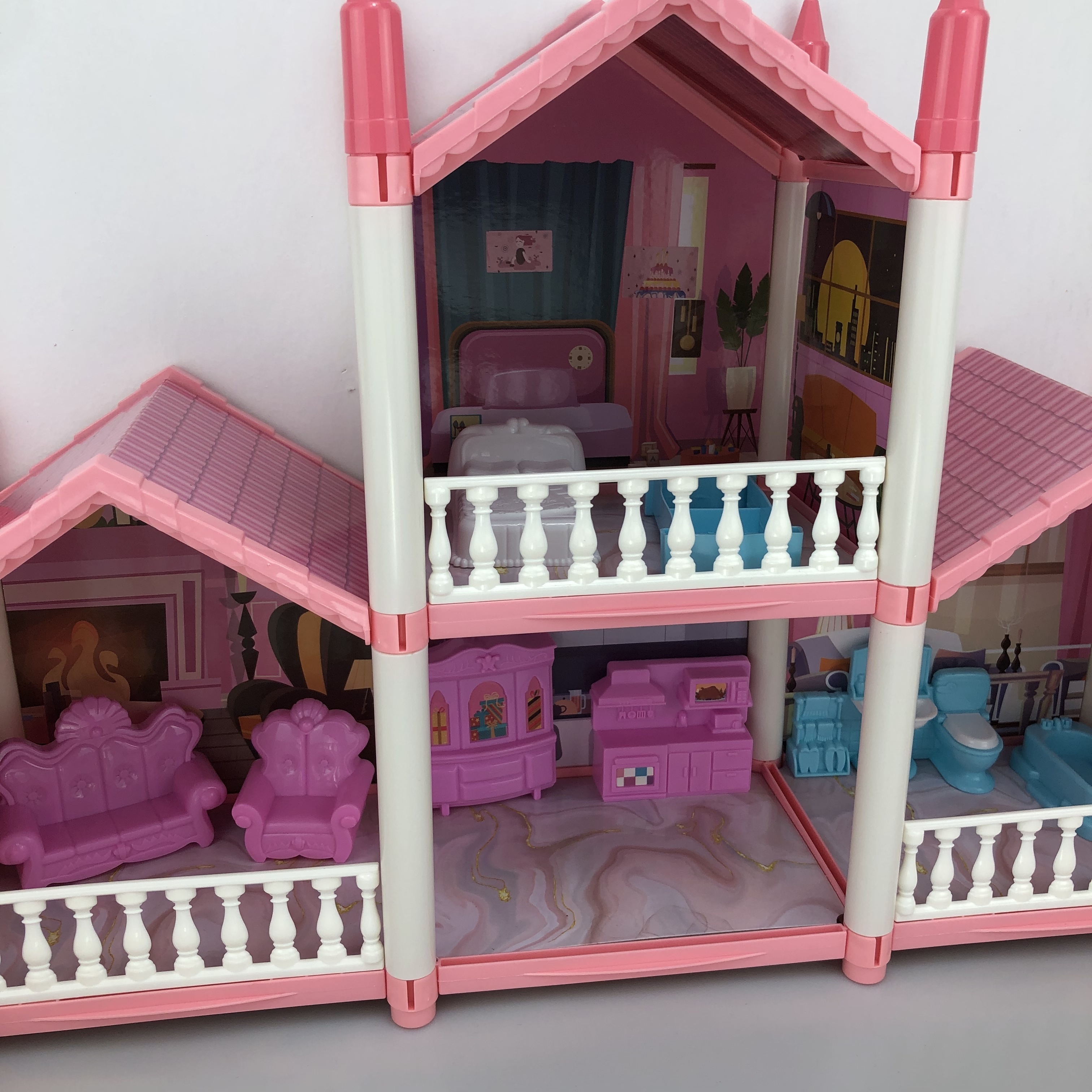 Casa de muñecas de madera - Bella Residencia Rosa - con 4 muñecos, muebles  y accesorios