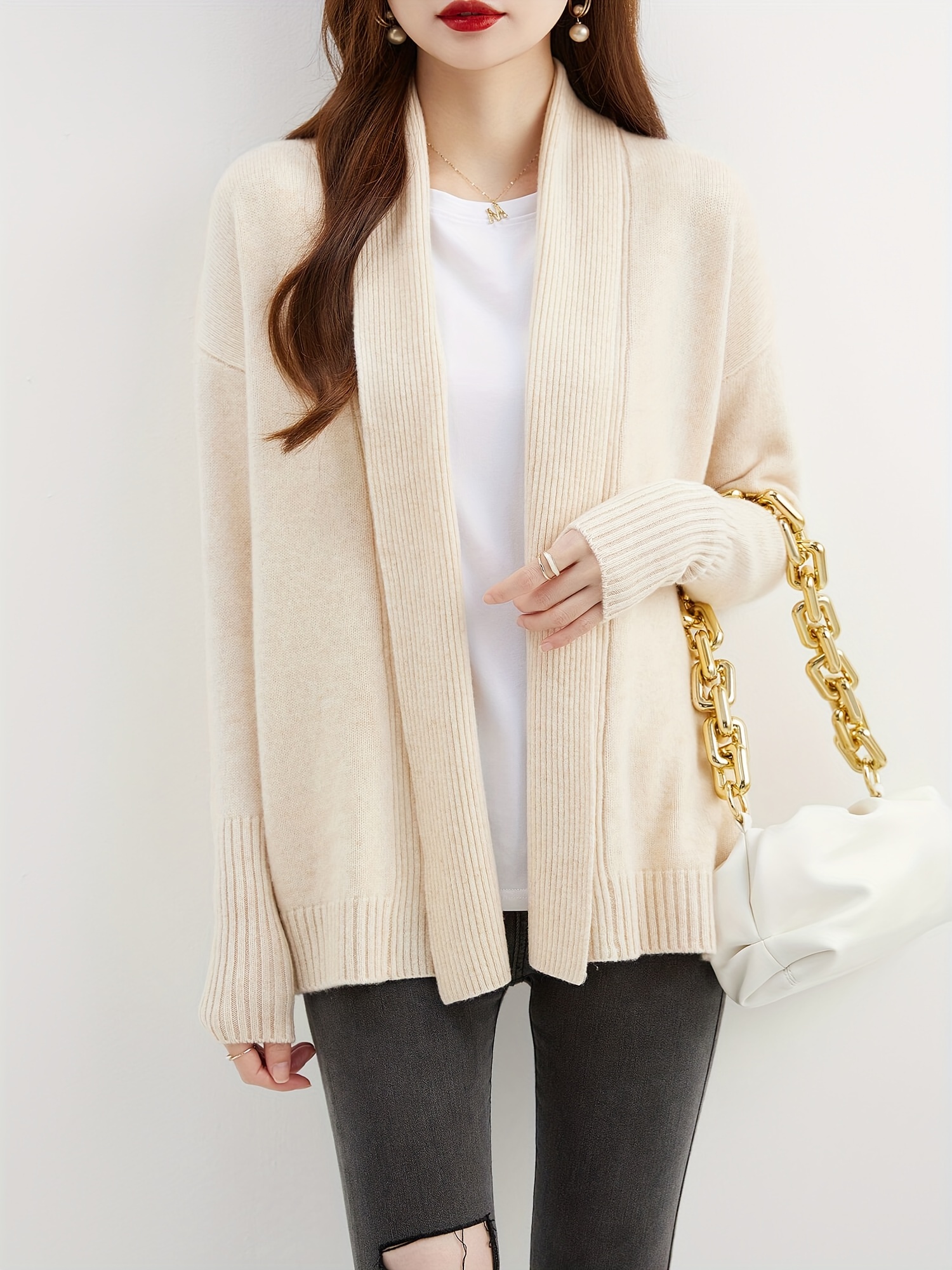 Solid Open Front Wool Cardigan Elegant Long Sleeve Cozy - Temu