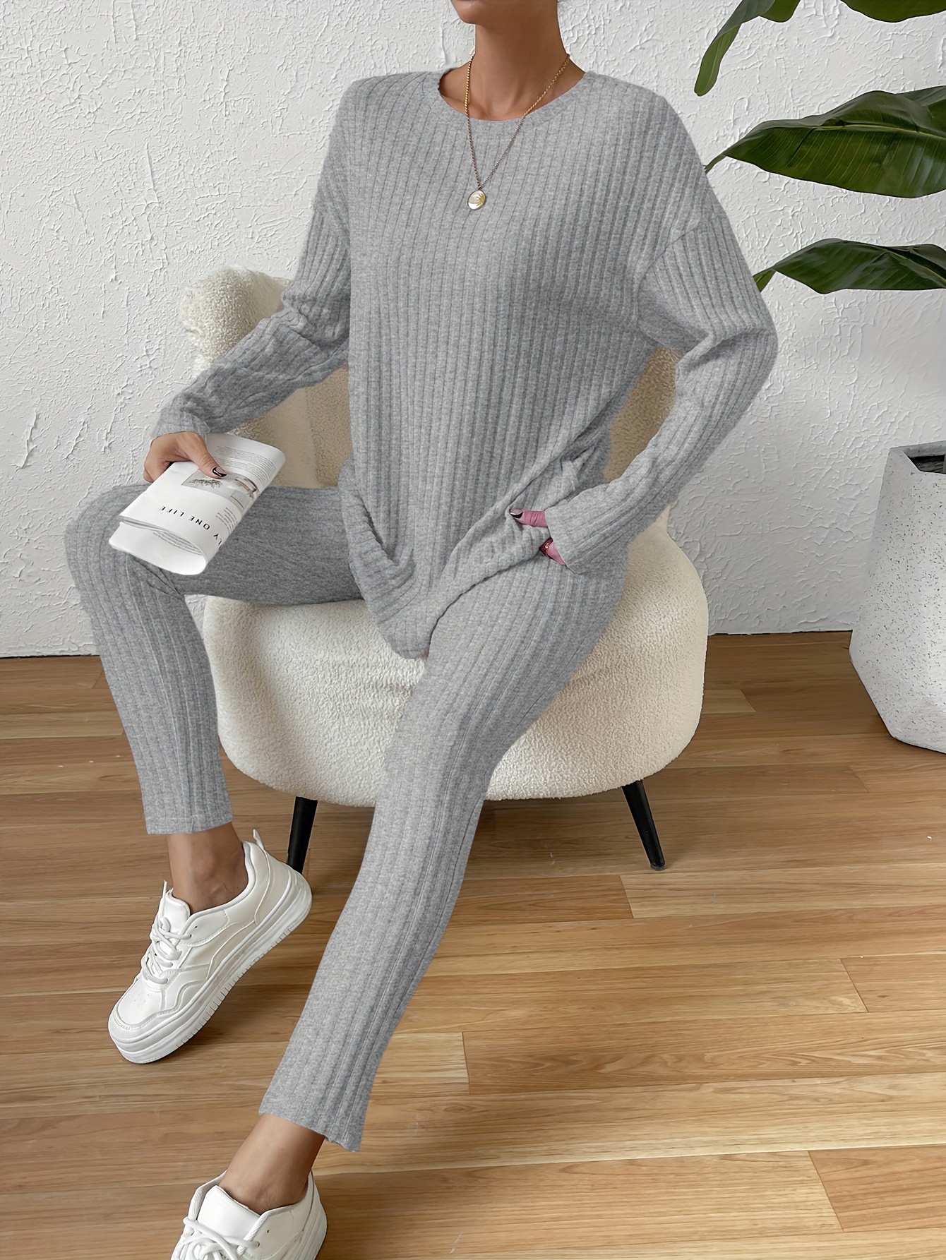 Casual Ribbed Knit Two piece Set Long Sleeve Crew Neck Top - Temu