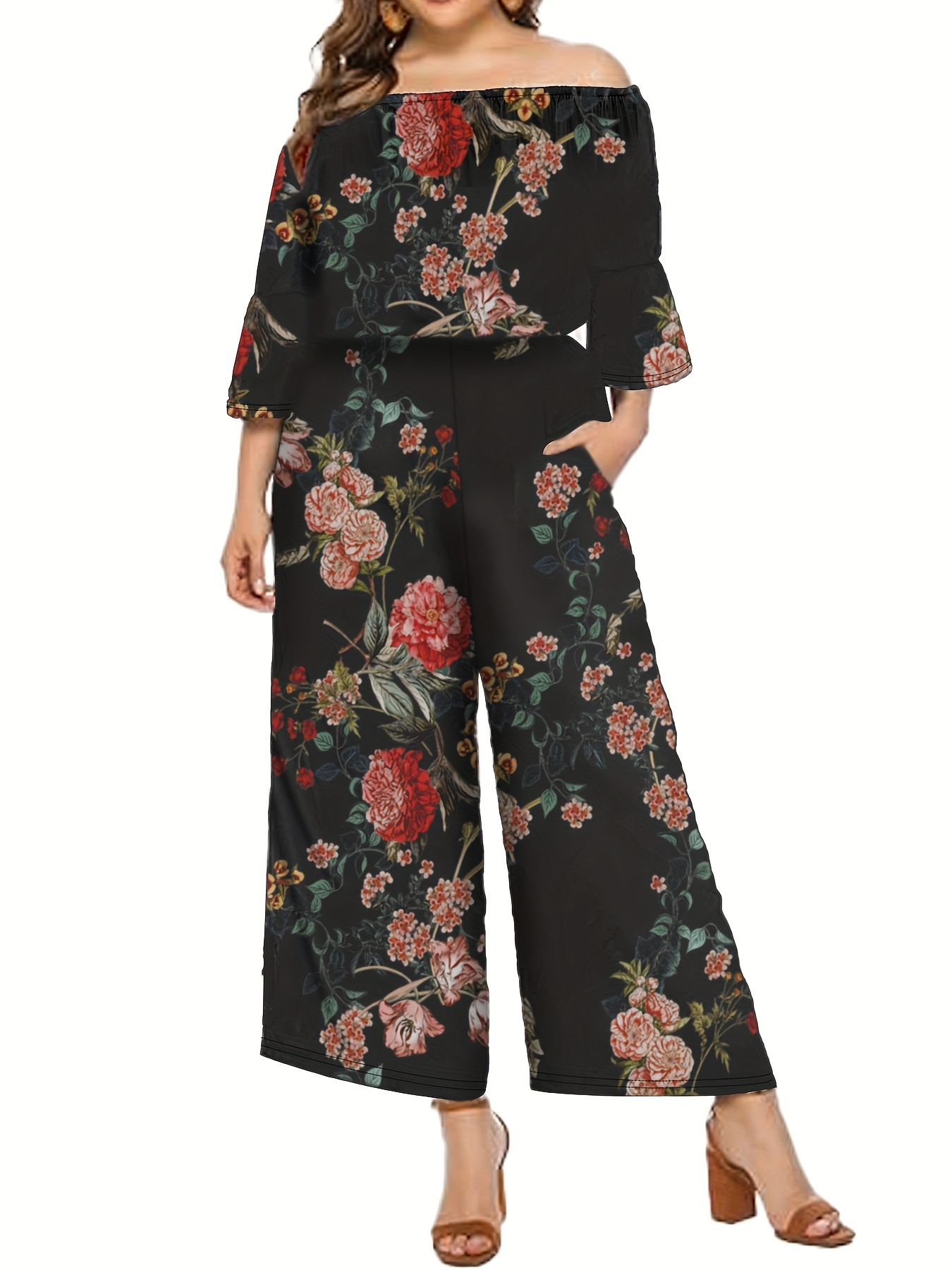 plus size floral print wide leg jumpsuit casual off shoulder 3 4 sleeve one piece jumpsuit womens plus size clothing