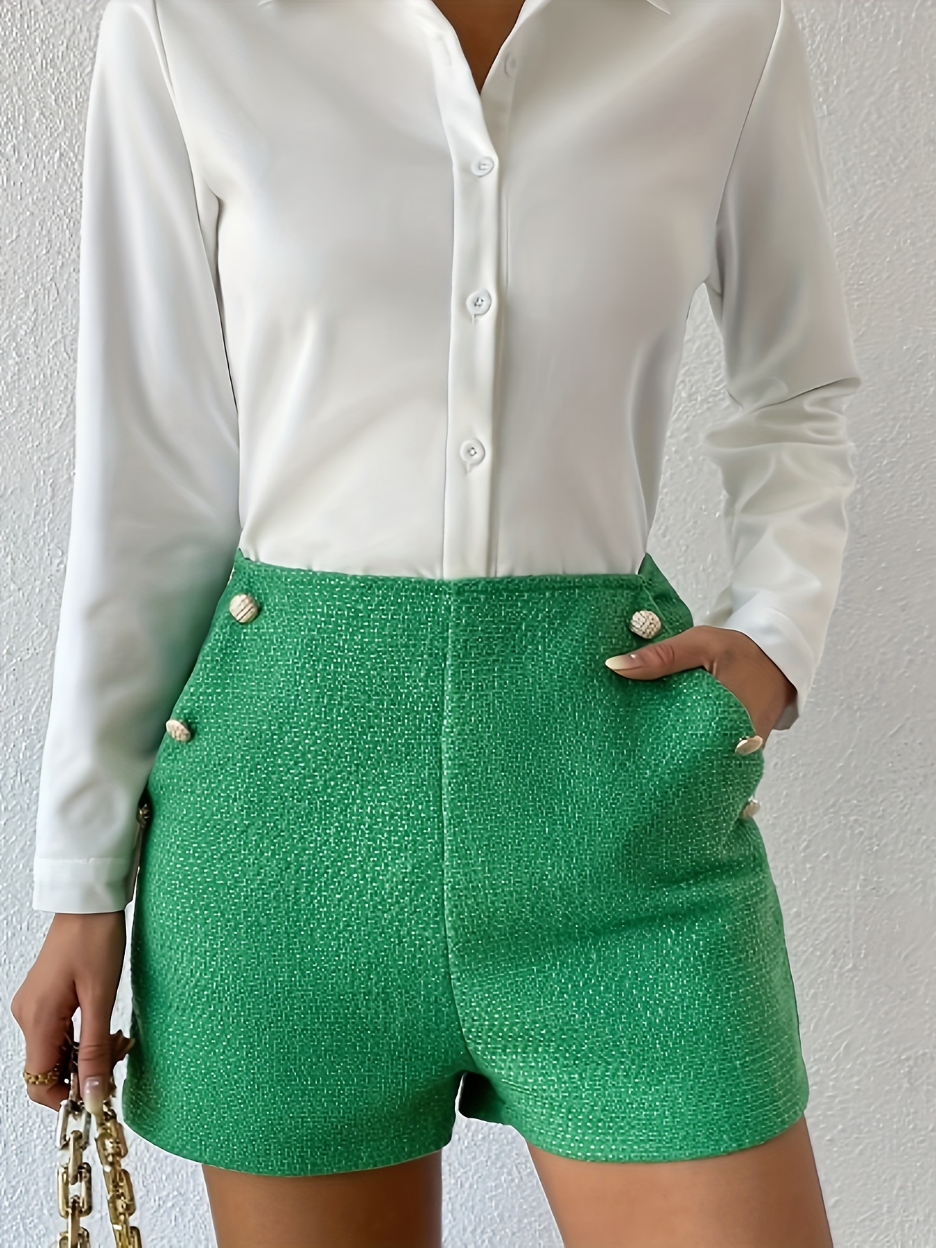Solid High Waist Shorts Elegant Button Slant Pocket - Temu