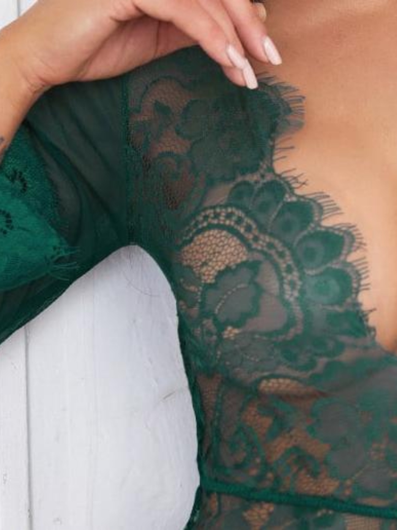 Zuwimk Womens Lingerie ,Women One Piece Lingerie Deep V Lace Bodysuit  Mosaic Lace Teddy Mesh Skirt Green,XXL 