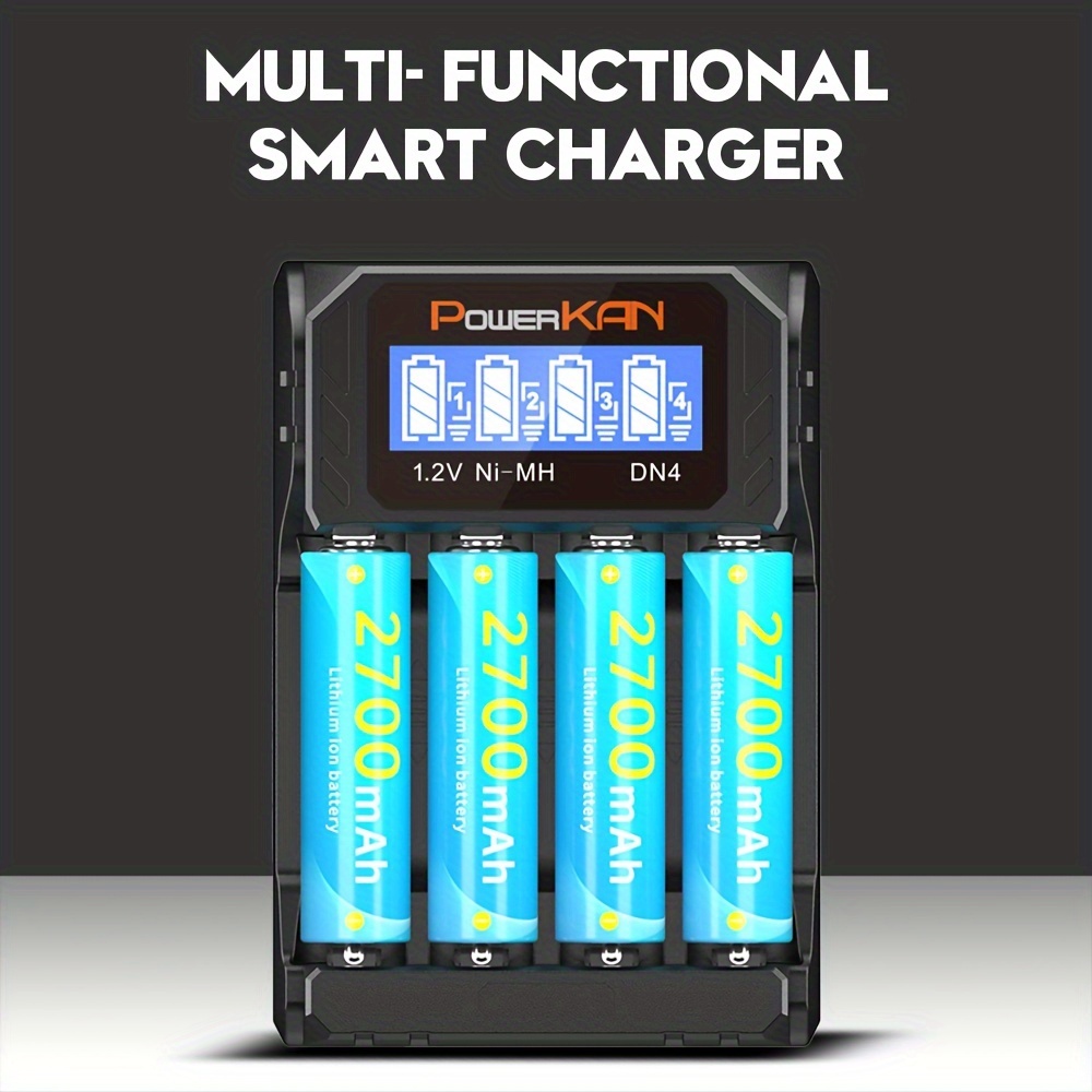

Powerkan 1.2vni-mh/ni-cd Aa Aaa Battery Charger Dn4 Slot Independent Charging Current Microcomputer Management System Intelligent 4-slot Charger