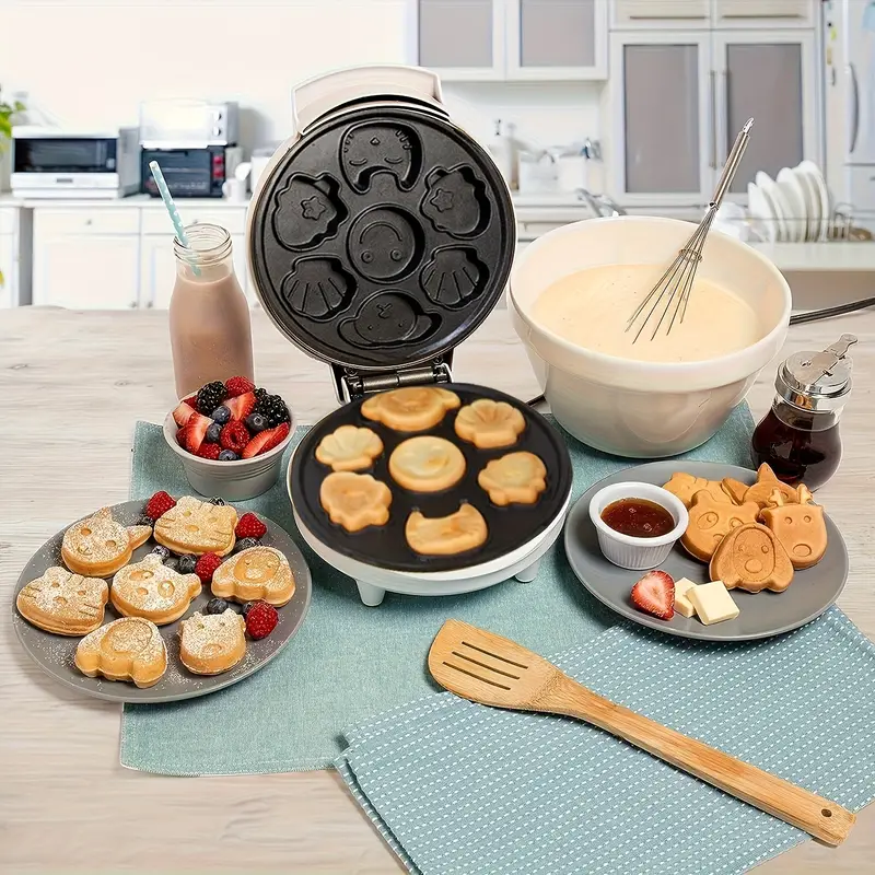 Us Plug Mini Waffle Cooking Machine - Produce 7 Different Shapes Of Pancakes-including  A Cat,dog,reindeer, Etc.electric Non Stick Waffle Iron,pan Cake Pot Roaster  For Children And Adults To Make Fun Brea 