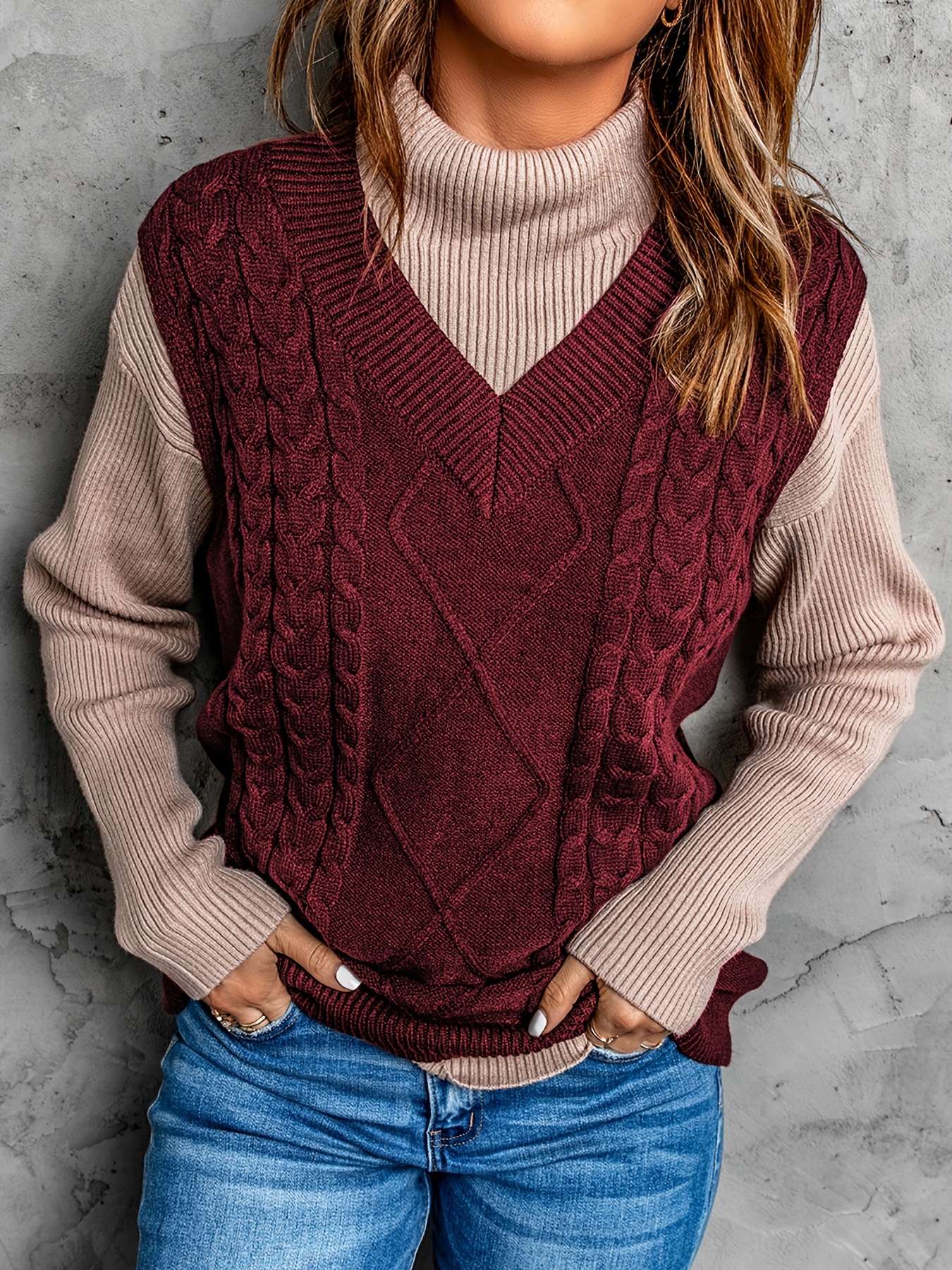 Women's Sweater Vest, Oversized Cable Knitted V Neck Loose Sleeveless  Sweater Top