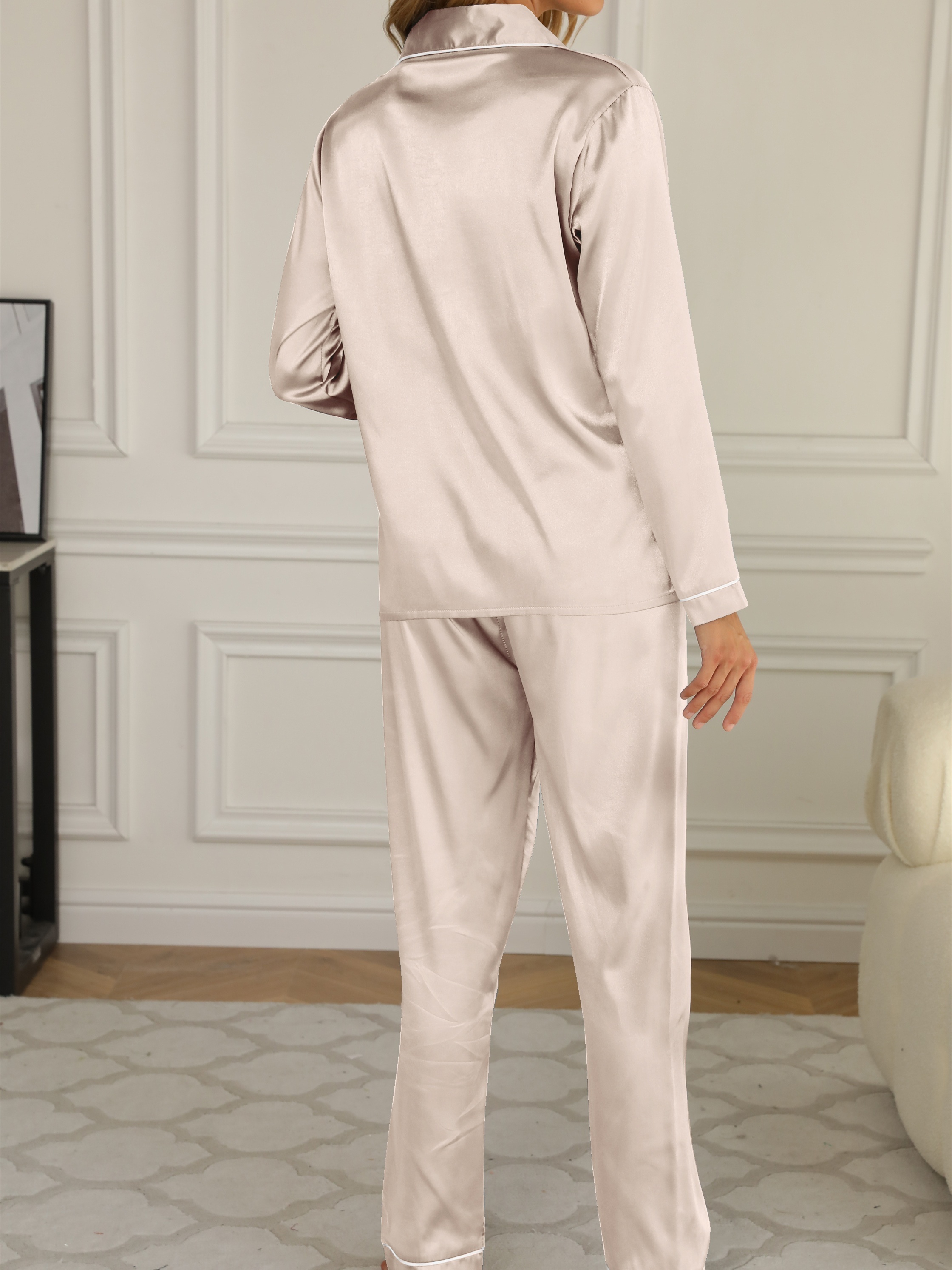 Women Solid Color Pyjamas Set Satin Long Sleeve Silk Womens Button