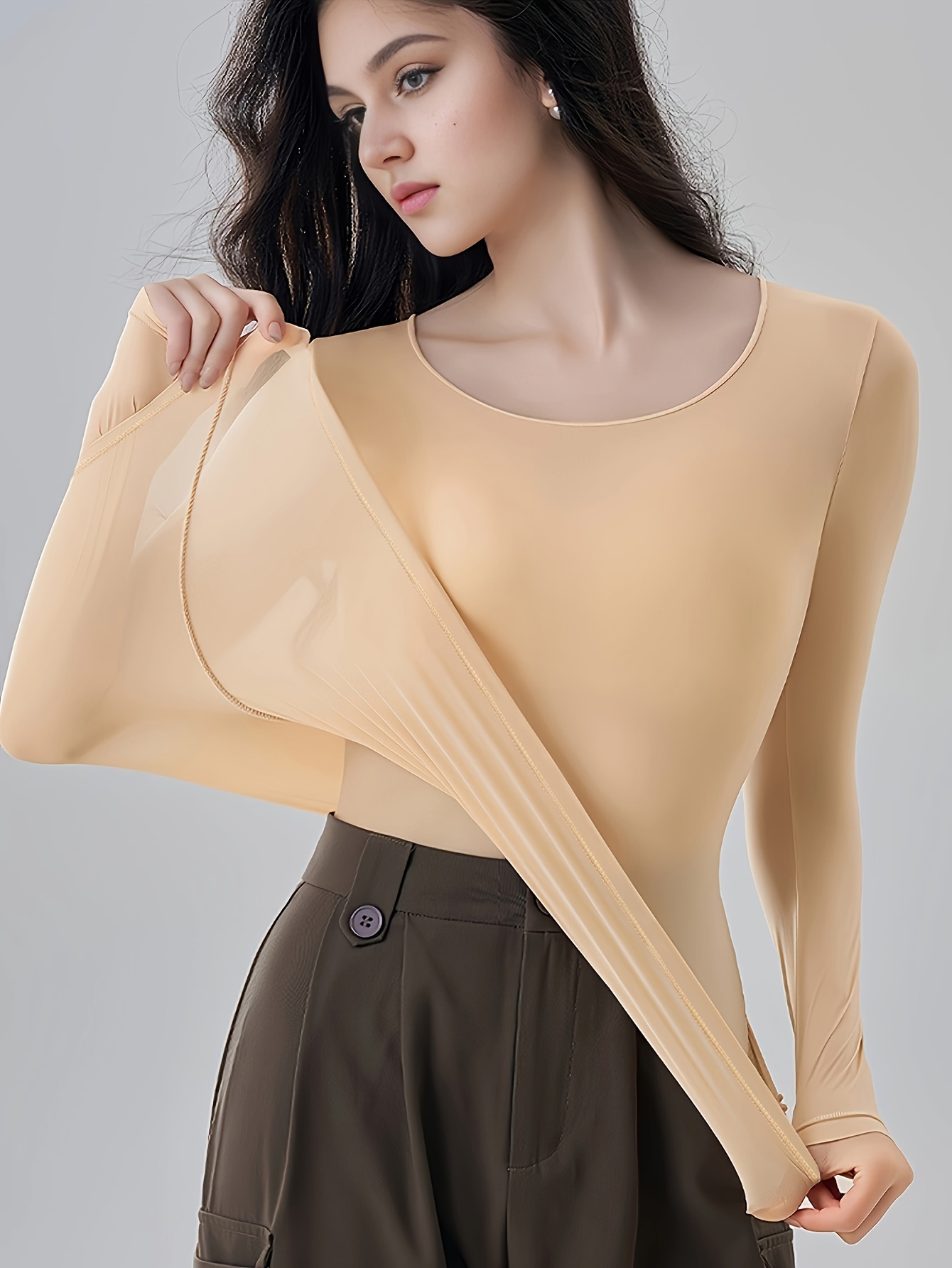 Solid Color Thermal Suits Long Sleeve Soft Warm Top - Temu