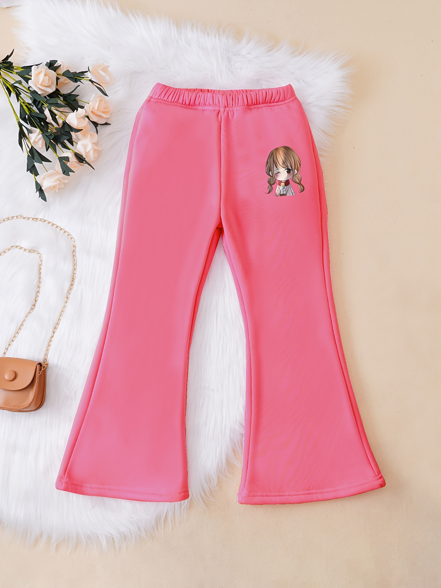 Girls Pull-on Flared Pants Anime Tag Design Trendy Versatile Casual Bootcut  Trousers For Kid/ Tween Girls