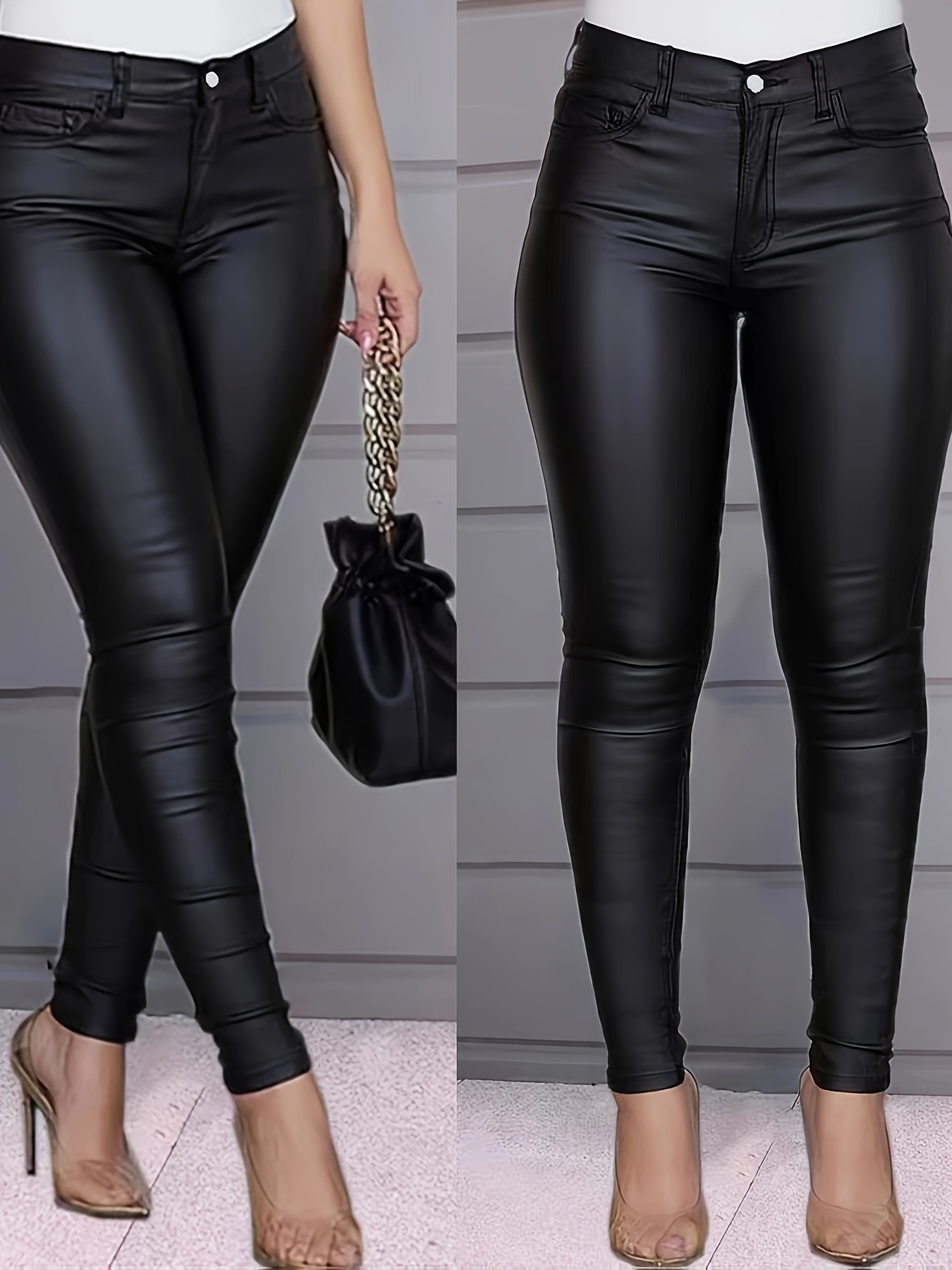 Black Leather Look Skinny Jeans High Stretch Slim Fit Chic - Temu