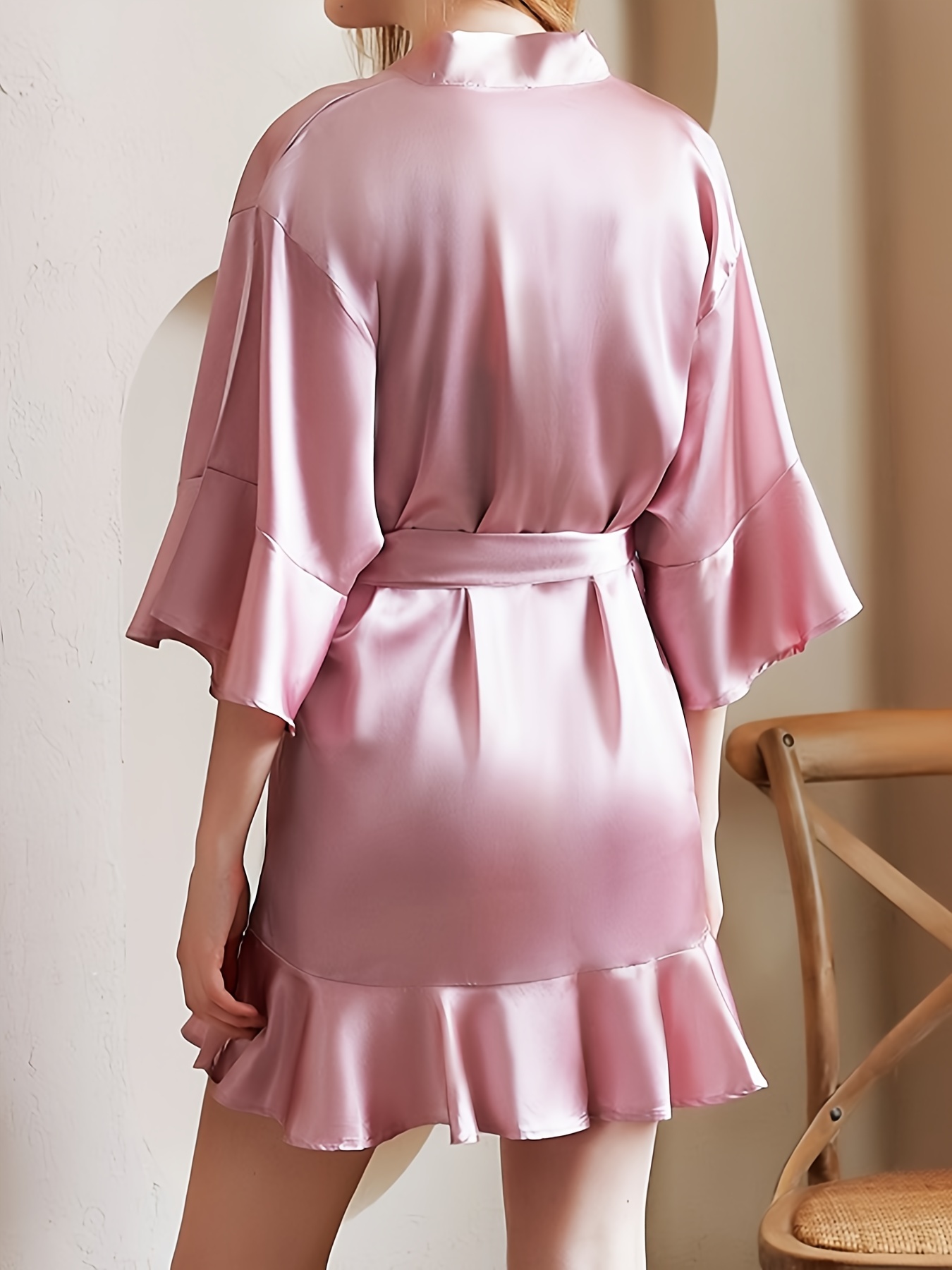 Pink Satin Kimono Short Robe
