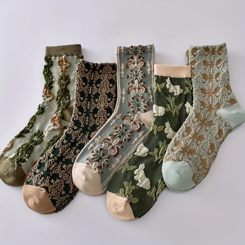 

5 Pairs Floral Pattern Sculptural Textured Socks, Comfy & Soft Mid Tube Socks, Women's Stockings & Hosiery