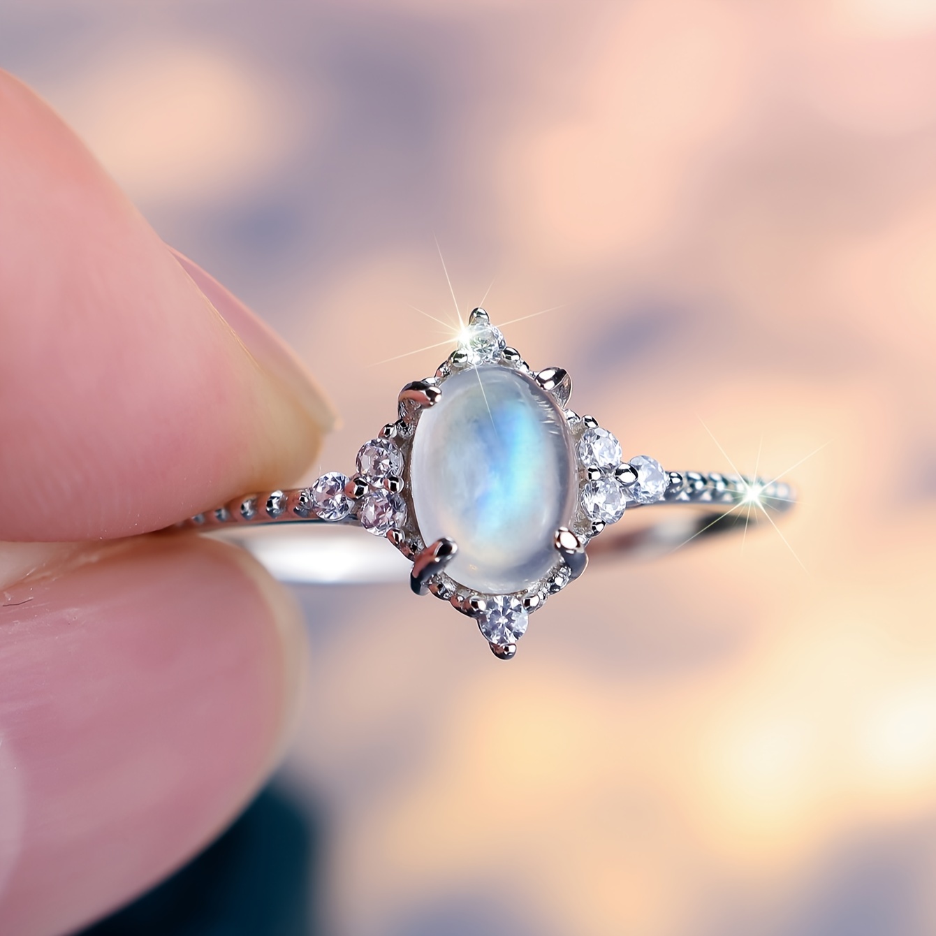 Handcrafted S925 Silver Rhombus Ring with Oval Moonstone