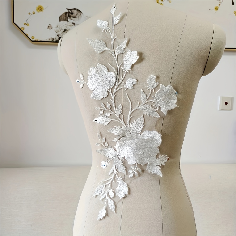 1 Pair Sequin Embroidered White Lace Applique for Wedding Dress Decoration  Lace Fabric Flower Appliques for Clothes