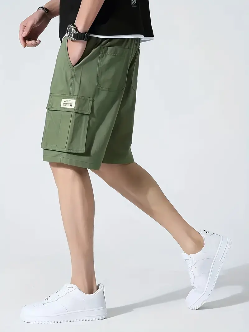 Men Fashion Drawstring Solid Color Cotton Losse Mid Rise Casual Cargo Shorts