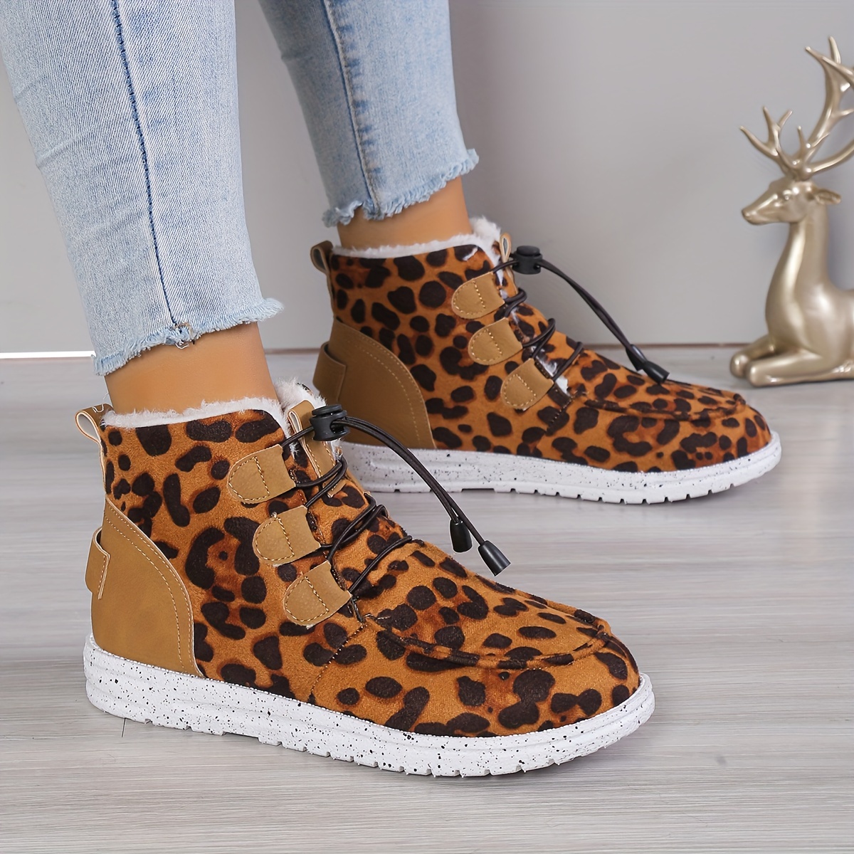 Women s Leopard Print Ankle Boots Drawstring Plush Lined Temu