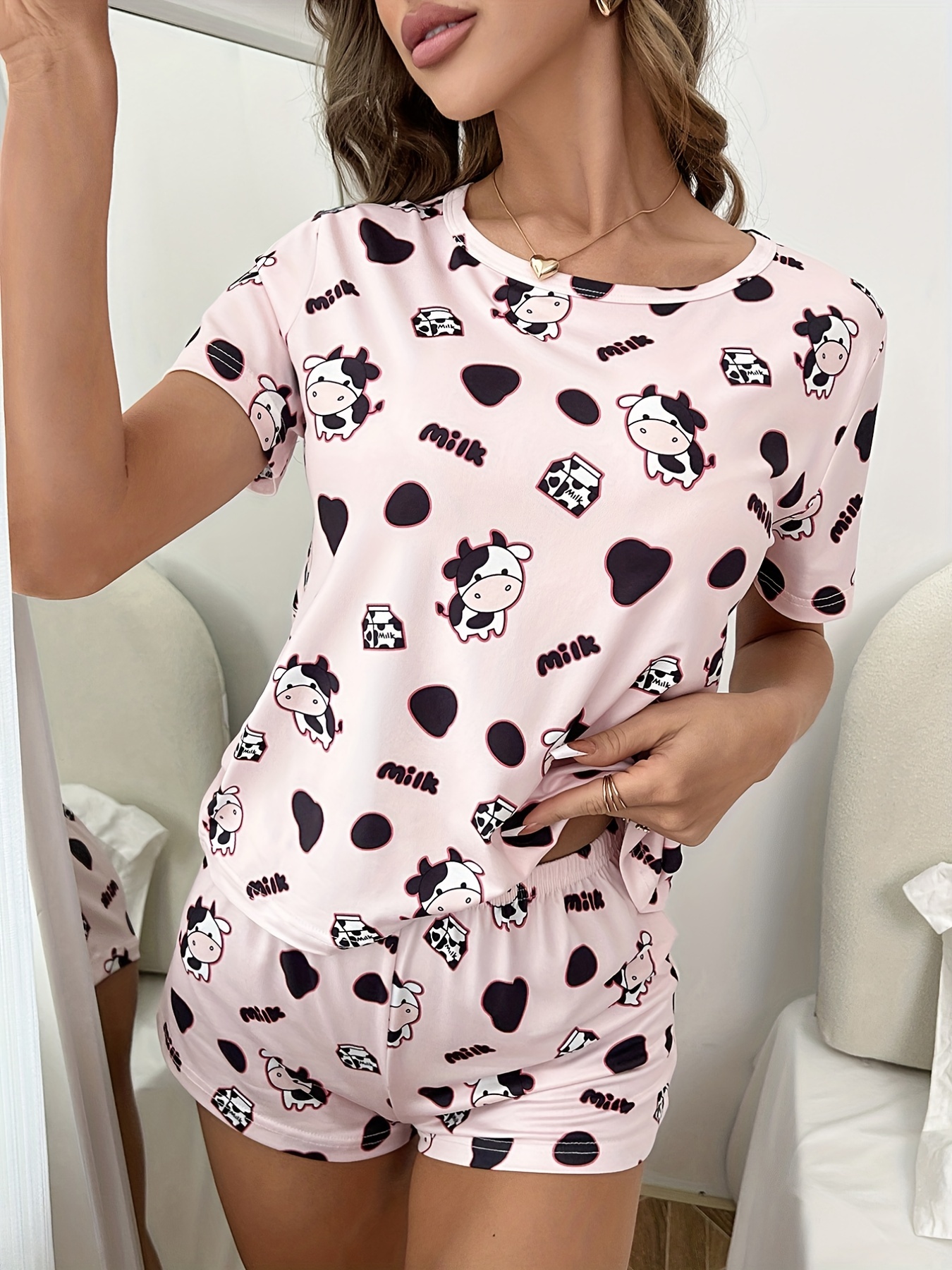 Cute Cow Spots Print Pajamas Set Short Sleeve Pajama Top - Temu