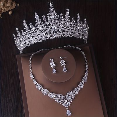3pcs set baroque crystal bridal jewelry headband bridal wedding dress accessories crown necklace earrings