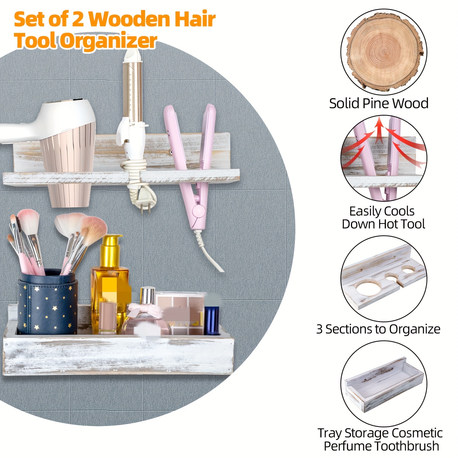 Hair Tool Organizer Wall Mounted - Wooden Hair Dryer Holder