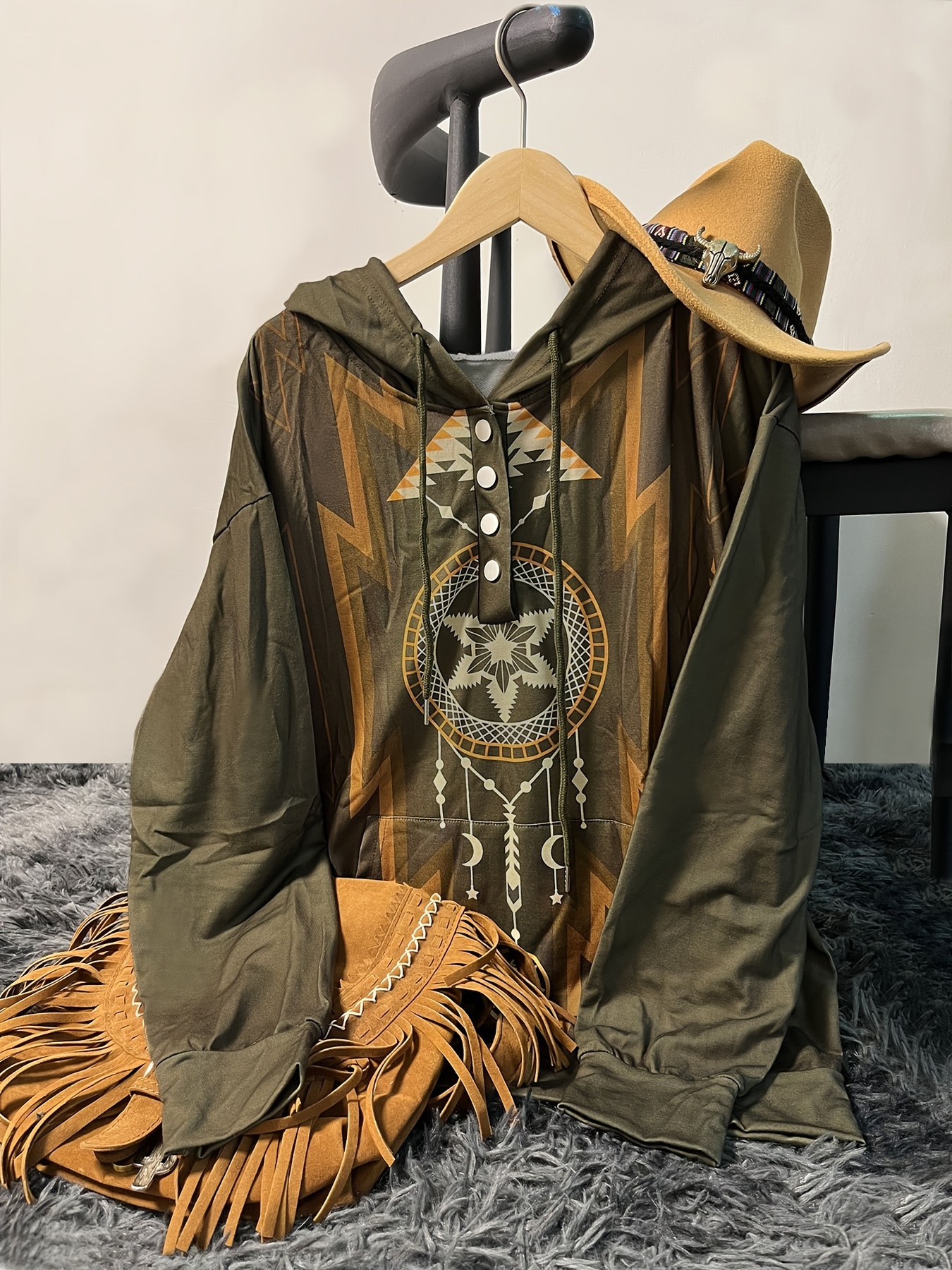 western ethnic print button drawstring hoodie vintage long sleeve pocket sweatshirt womens clothing details 1