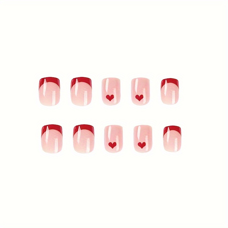 24pcs glossy valentines day press on nails short square press on nails red french fake nails with red love design glossy full cover false nails acrylic stick on nails for women girls without acetone details 3