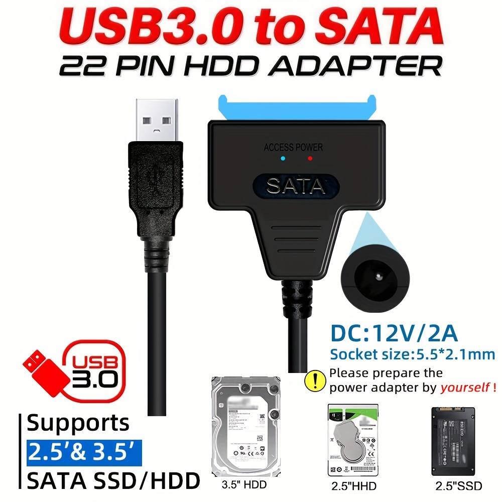 SATA To USB 3.0 Adapter Cable, External Hard Drive Converter Cable For 2.5  3.5 HDD, SSD With Power Supply