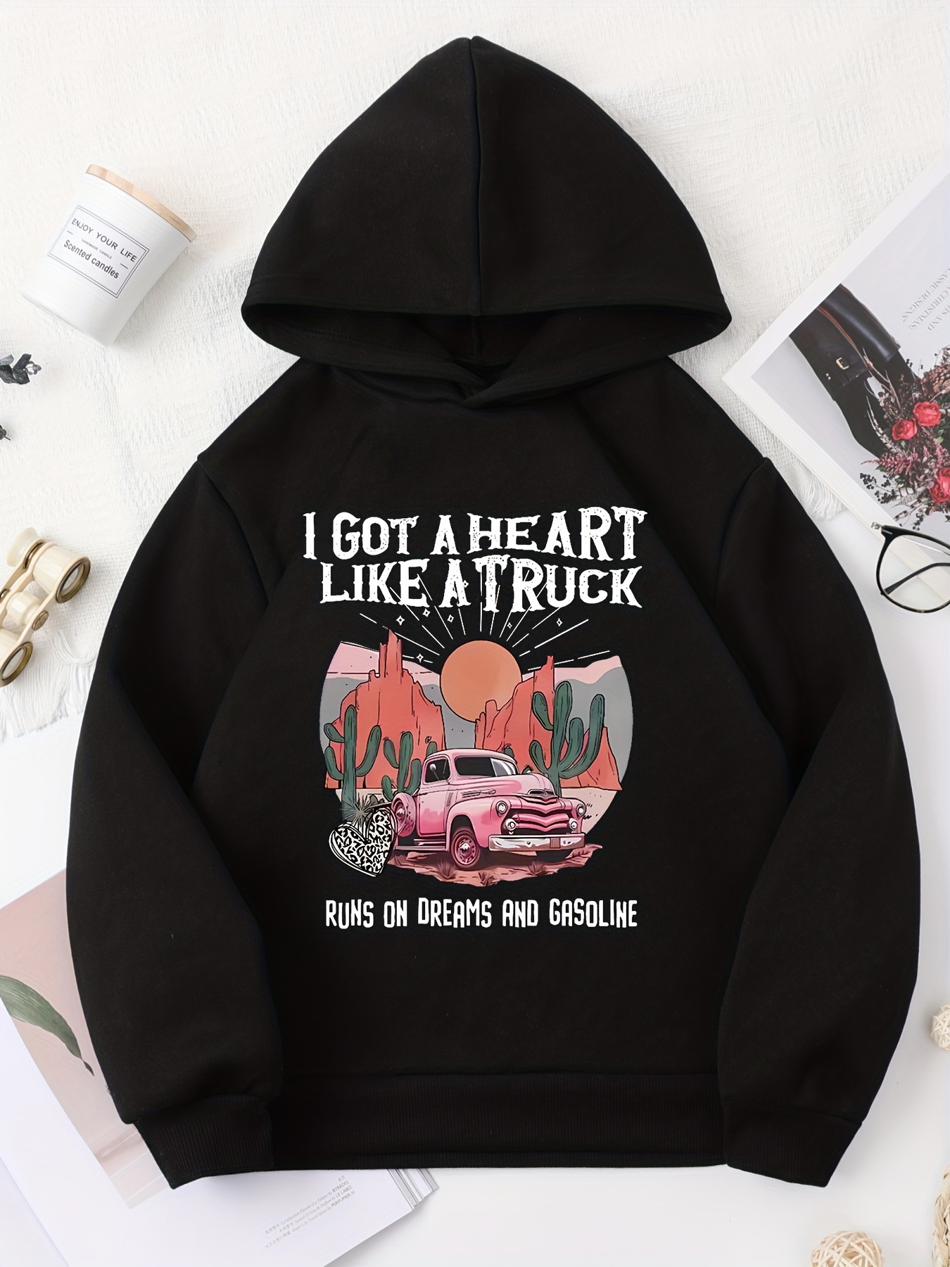'I Got A Heart Like A Truck' Print Hoodie For Girls, Girl's Casual Graphic Design Pullover Hooded Sweatshirt Streetwear For Winter Fall, As Gifts