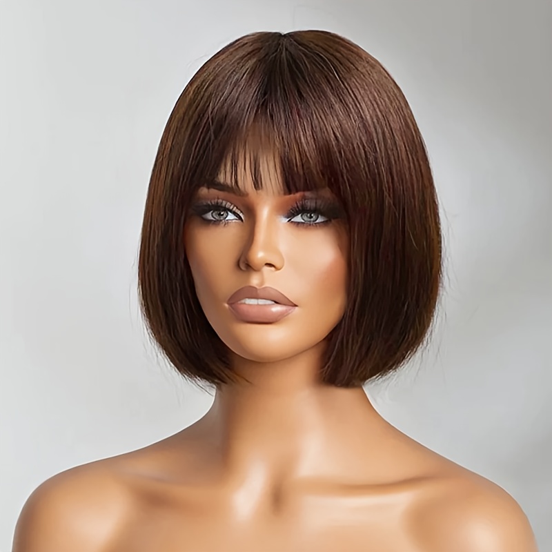 

Short Straight Human Hair Bob Wigs With Bangs Remy Full Machine Made Wig For Women Burgundy Brown Colored Wear To Go Bob Wig 200%