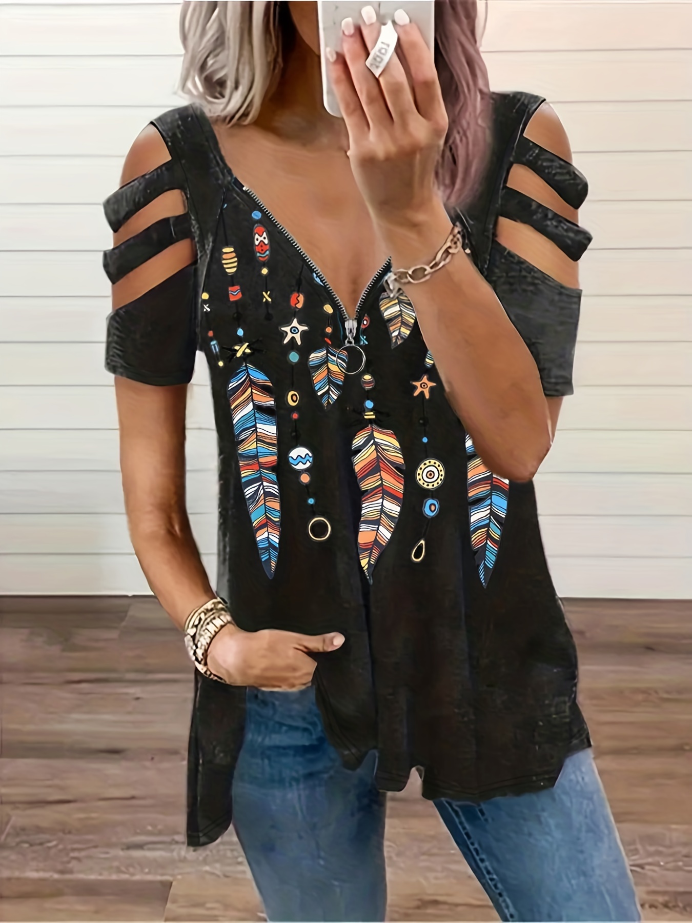 feather print cut sleeve t shirt casual zipper summer t - Temu