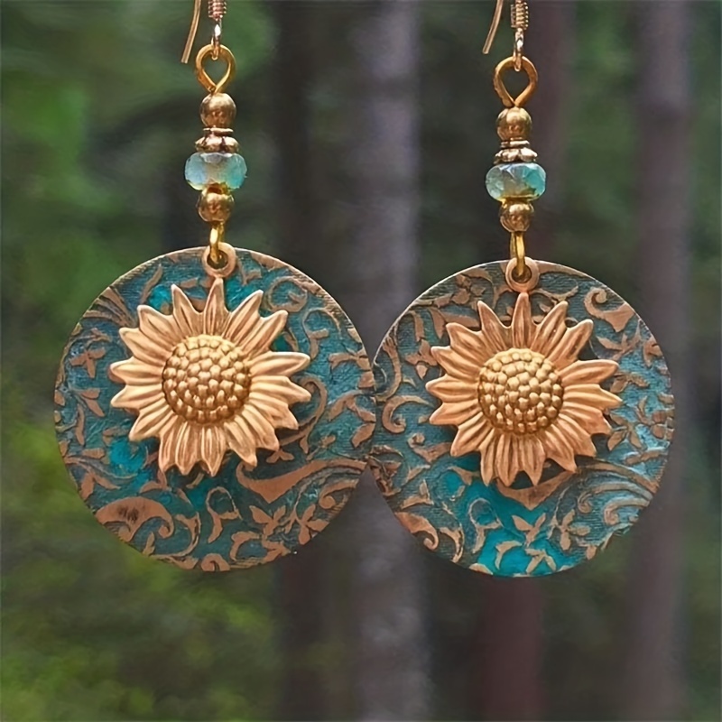 

1pair Vintage Sunflower Round Dangle Earrings Fashion Jewelry Earrings