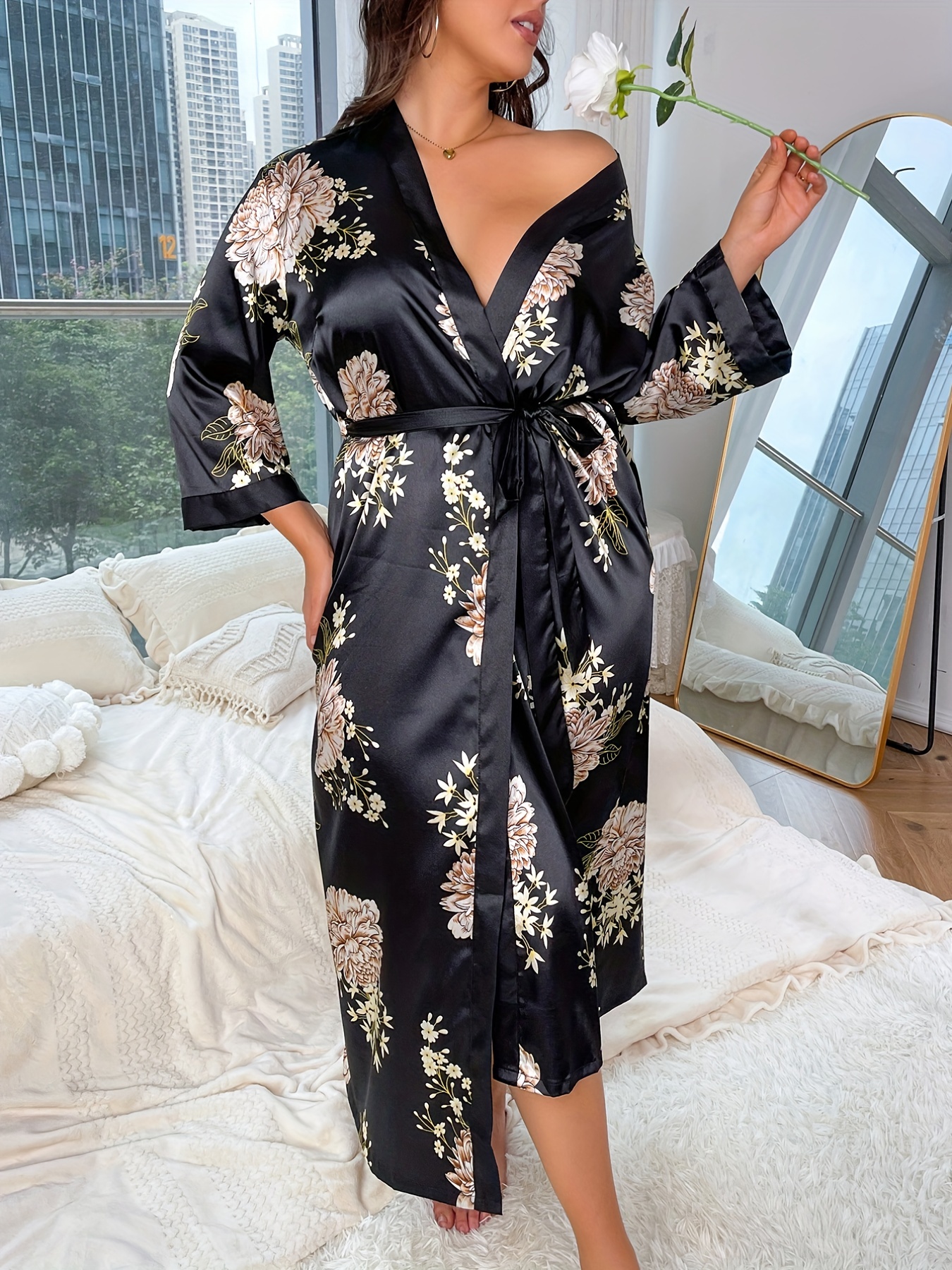 Bata larga de satén para mujer, Kimono elegante, camisón Sexy con
