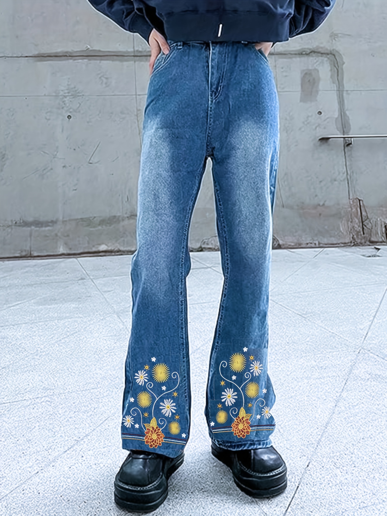 Floral Embroidered Decor Flare Jeans, Slant Pockets High Stretch Bell  Bottom Jeans, Women's Denim Jeans & Clothing