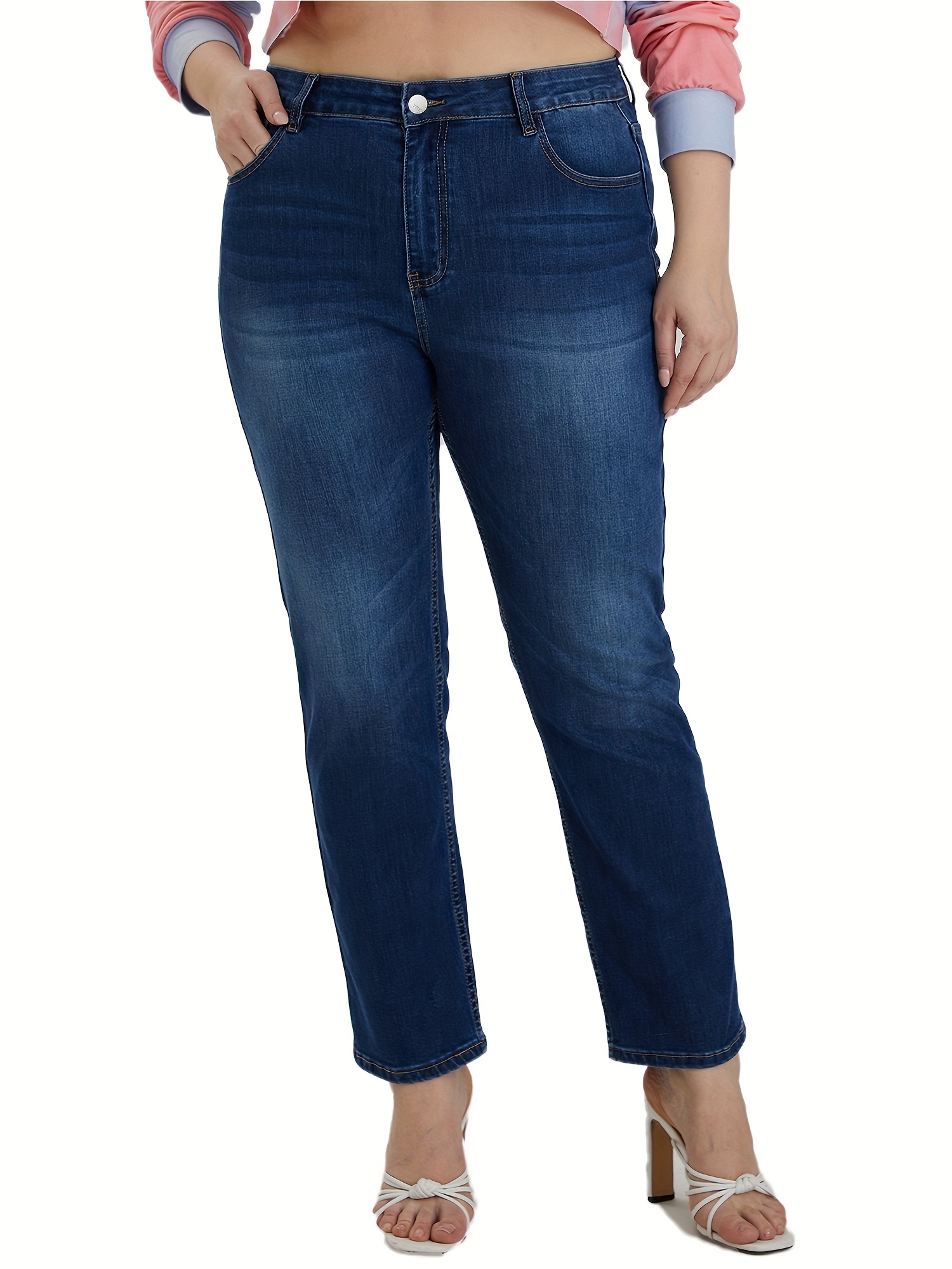Plus Size Casual Jeans, Women's Plus Washed Button Fly High Stretch  Straight Leg Jeans With Flap Pockets