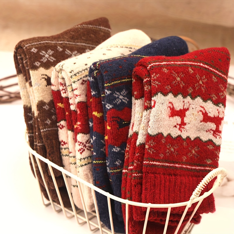 

5 Pairs Elk Print Thickened Socks, Comfy & Warm Christmas Mid Tube Socks, Women's Stockings & Hosiery