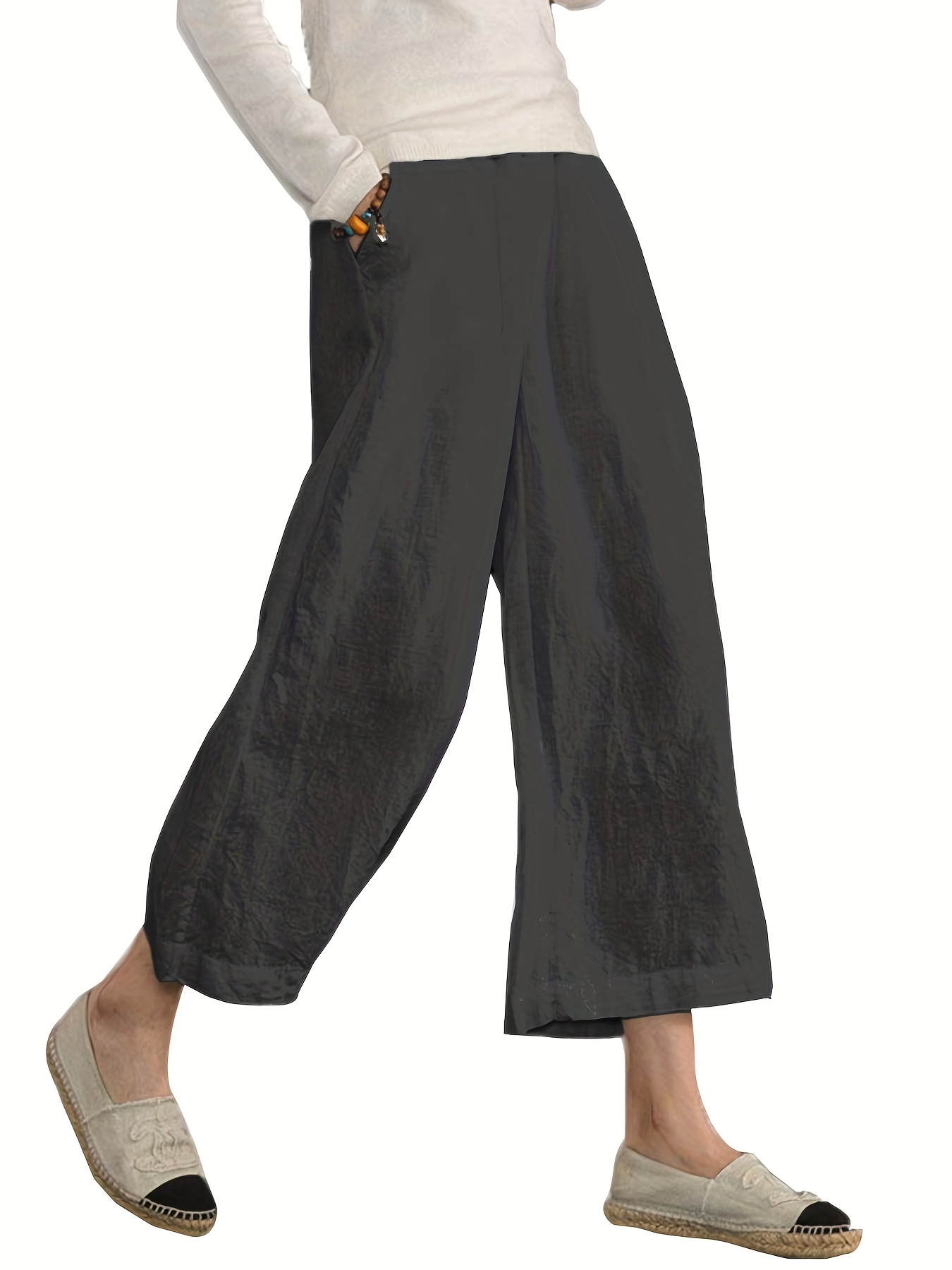 Solid & Casual Elastic Capri Pants, Casual Every Day Pants, Women's Clothing
