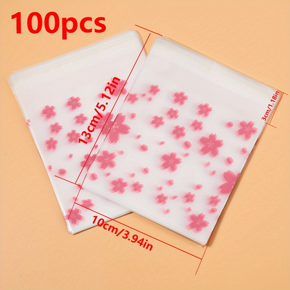 100pcs Pink Cherry Self-adhesive Bags Frosted Translucent Plastic Bags