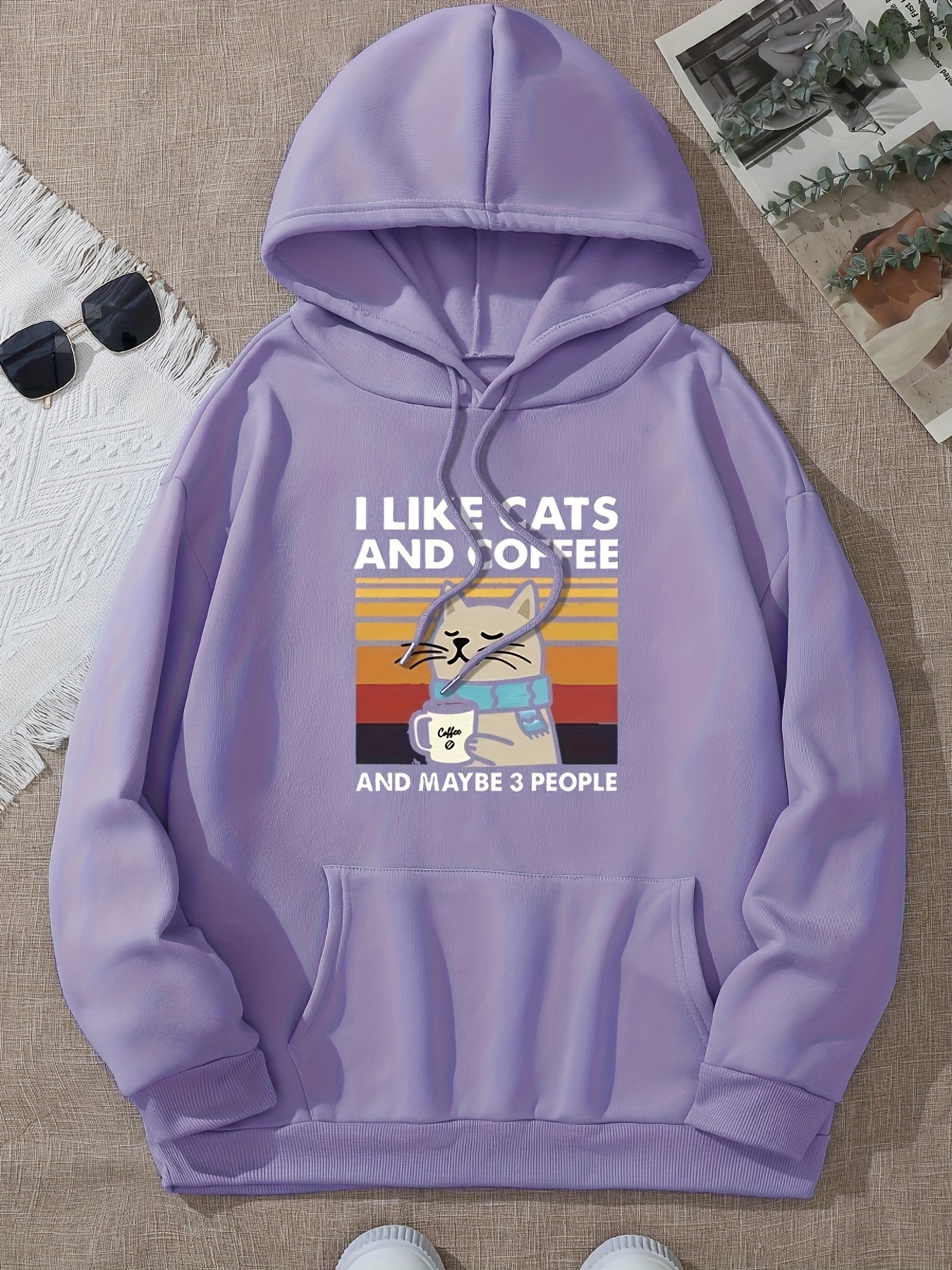 Cute Cat Print Thermal Hoodie Casual Kangaroo Pocket Long - Temu